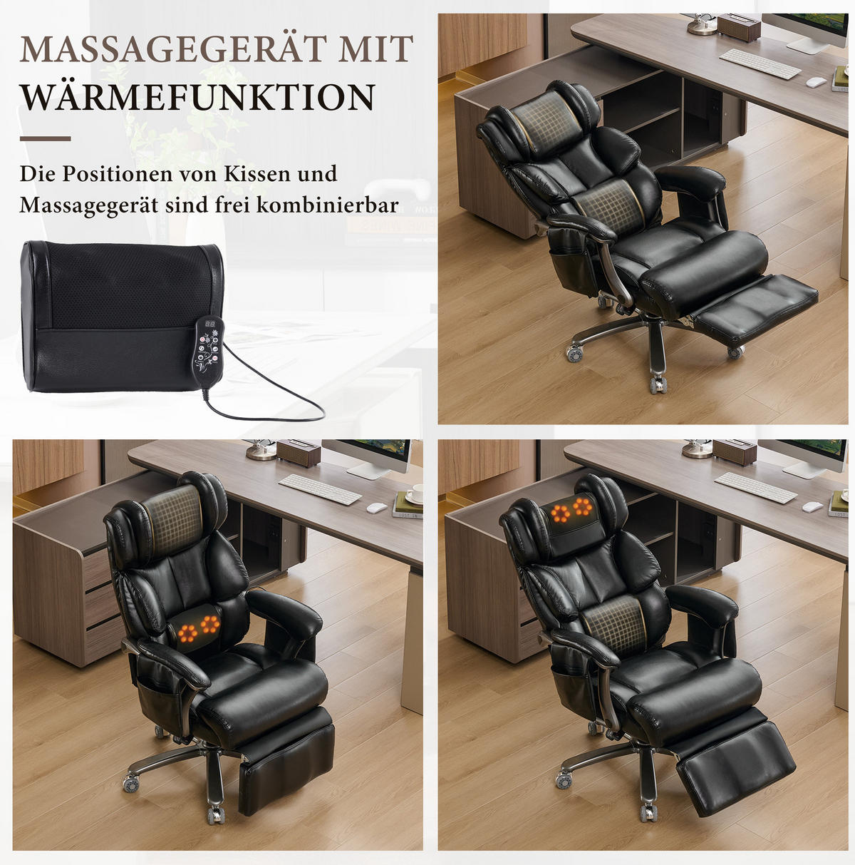 BÜROSTUHL mit Massage- und Heizfunktion PU-Leder Black - Schwarz, Kunststoff (76.5/121.5/85.5cm) - Meubliv