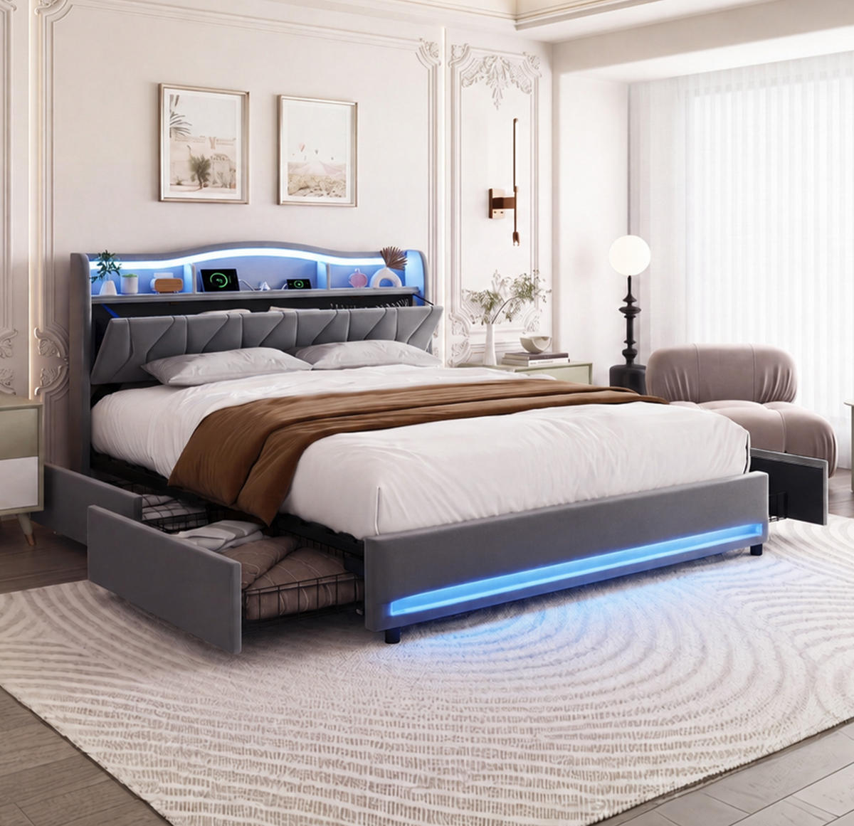 POLSTERBETT 140/200 cm Grau,Bett mit Stauraum, LED-Beleuchtung&USB und Type-C - Grau, Holz/Metall (140/200cm) - FURNISHINGS HOME