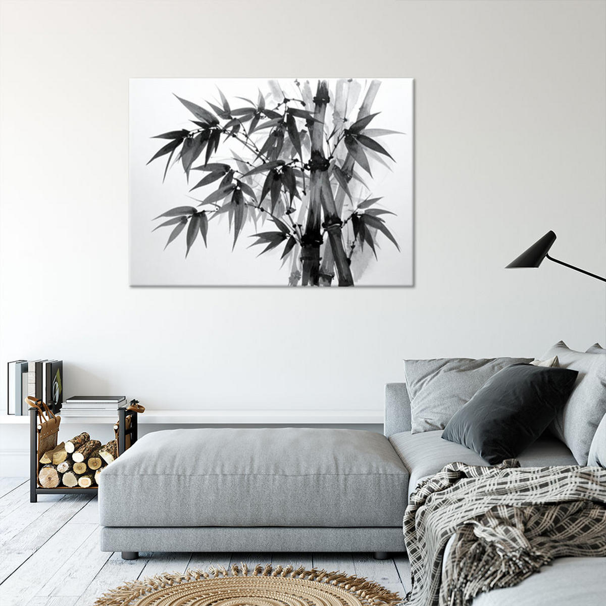 LEINWANDBILD Bambusblätter schwarz-weiß 120x80cm - Schwarz, Textil (120/80cm) - Feeby