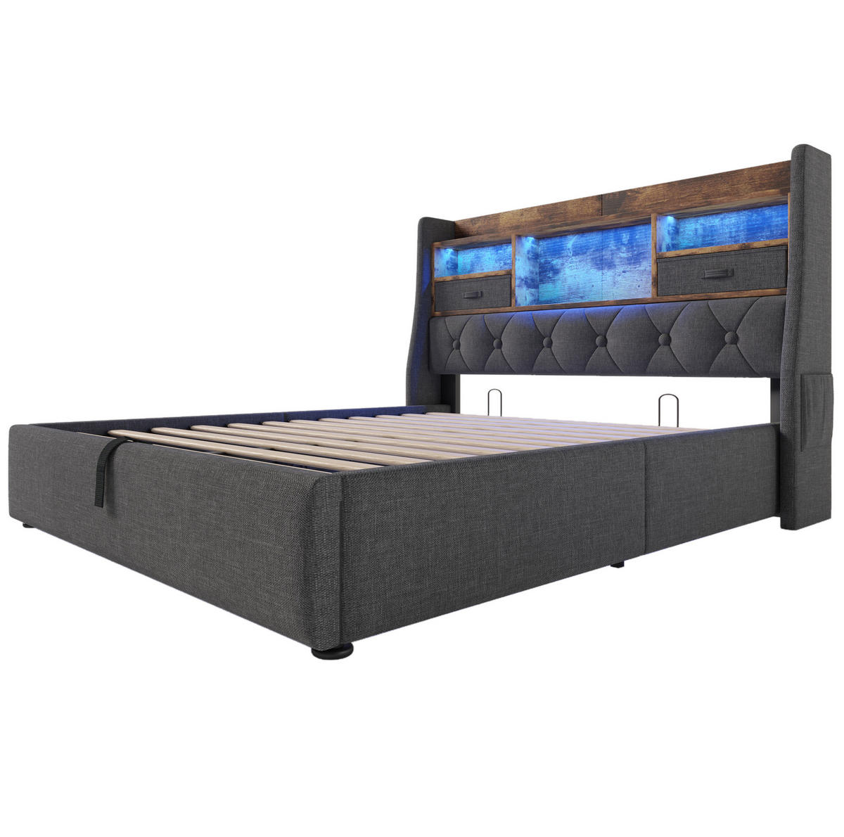 POLSTERBETT 160/200 cm Grau mit Hydraulischem Stauraum und LED-Kopfteil mit Matratze - Grau, Textil (160/200cm) - OKWISH