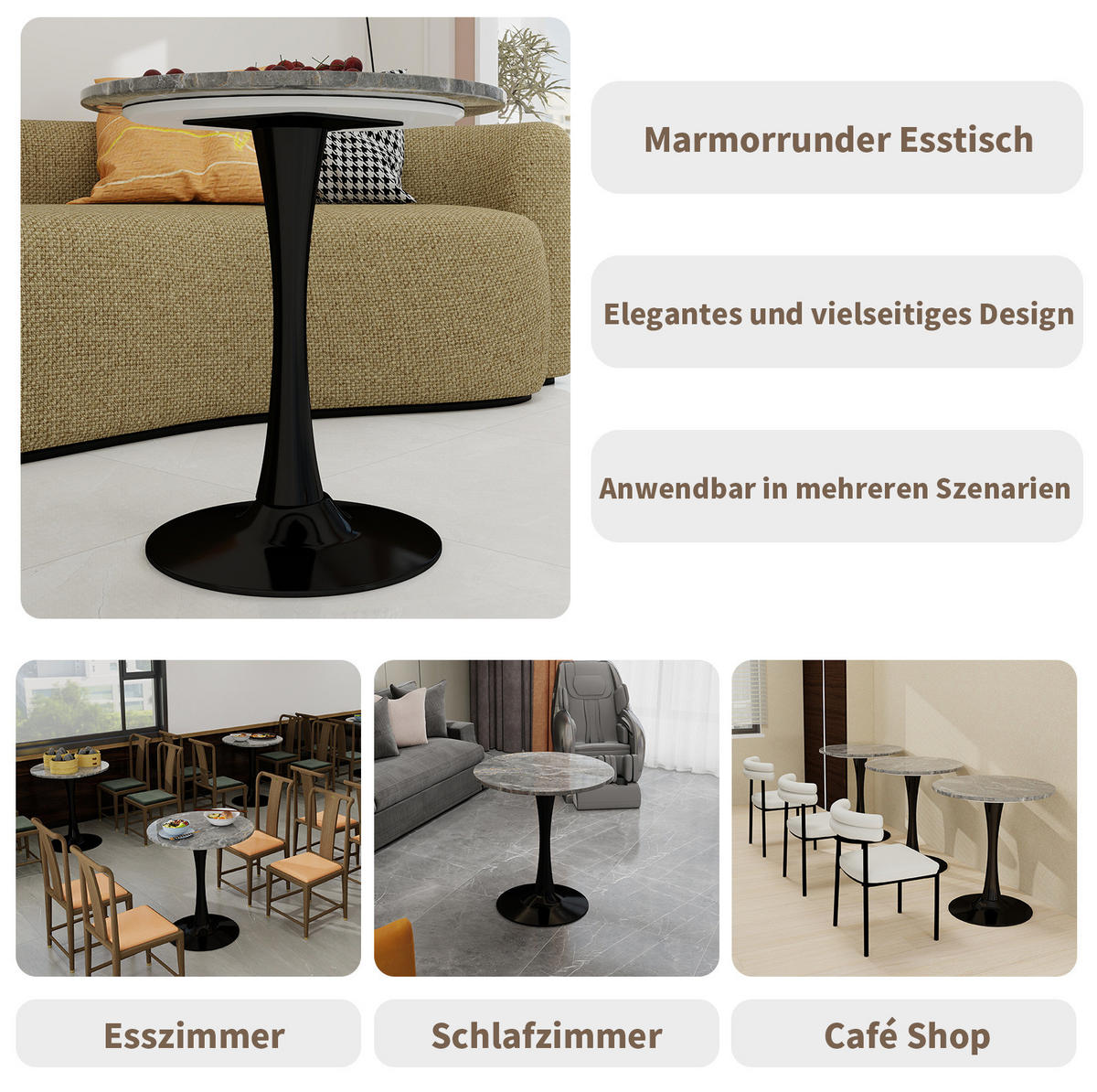 COUCHTISCH 70 cm Schwarz/Grau aus Kunstmarmor mit modernem Design - Grau, Stein (70/70/72cm) - OKMYHOME