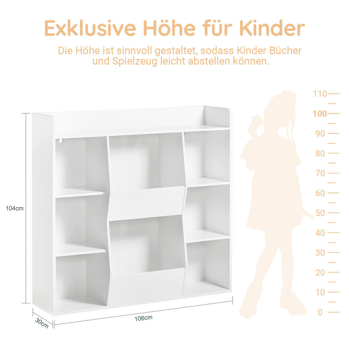 KINDERREGAL Montessori mit 8 Fächern, 106 x 104 x 30 cm, Weiß, Bücherregal, oberes Ablagefach, Kippschutz - Weiß, Holzwerkstoff (106/104/30cm) - SoBuy