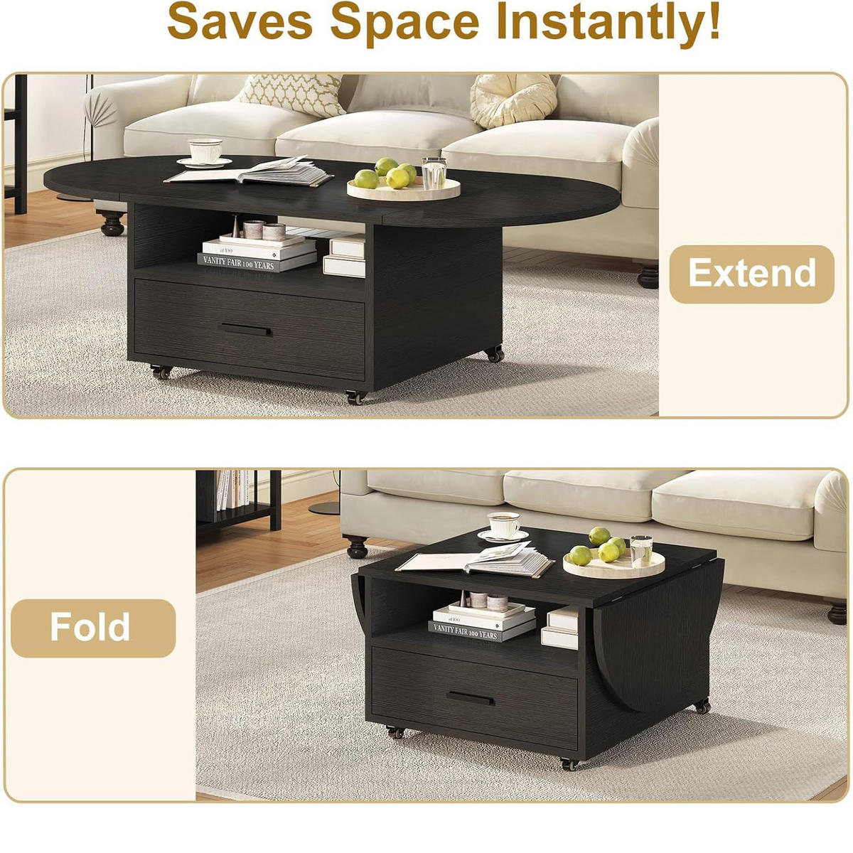 COUCHTISCH Wohnzimmertisch mit Stauraum 120 x 60 x 45 cm Klappplatte - Schwarz, Holzwerkstoff/Metall (120/120/45cm) - Quality Elegance