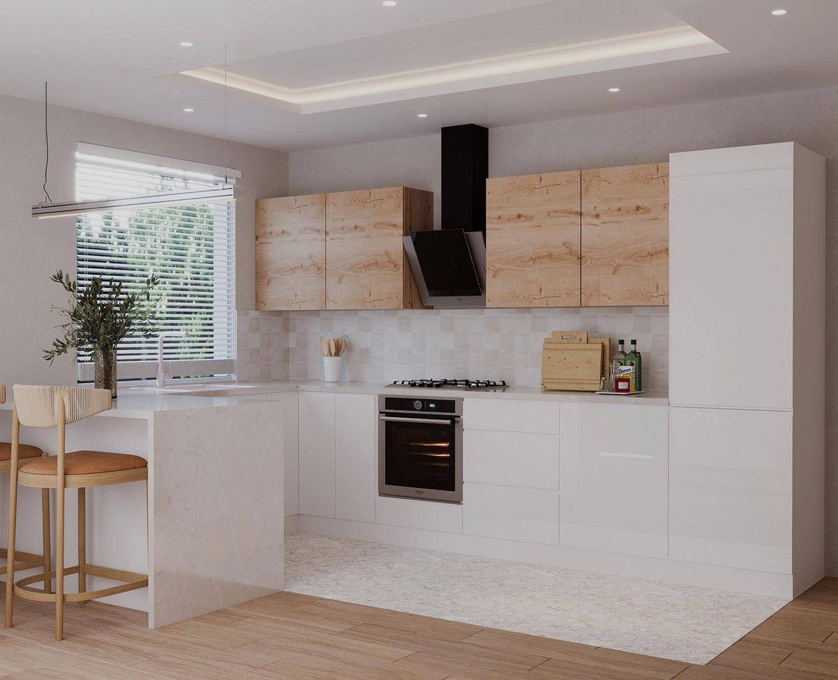 WINKELKÜCHE 360 × 240 × 150 cm Velora / Glanzia – KU-S58 – Artisan Eiche / Weiß - Weiß, Holzwerkstoff (360/212/58cm) - hi-markt