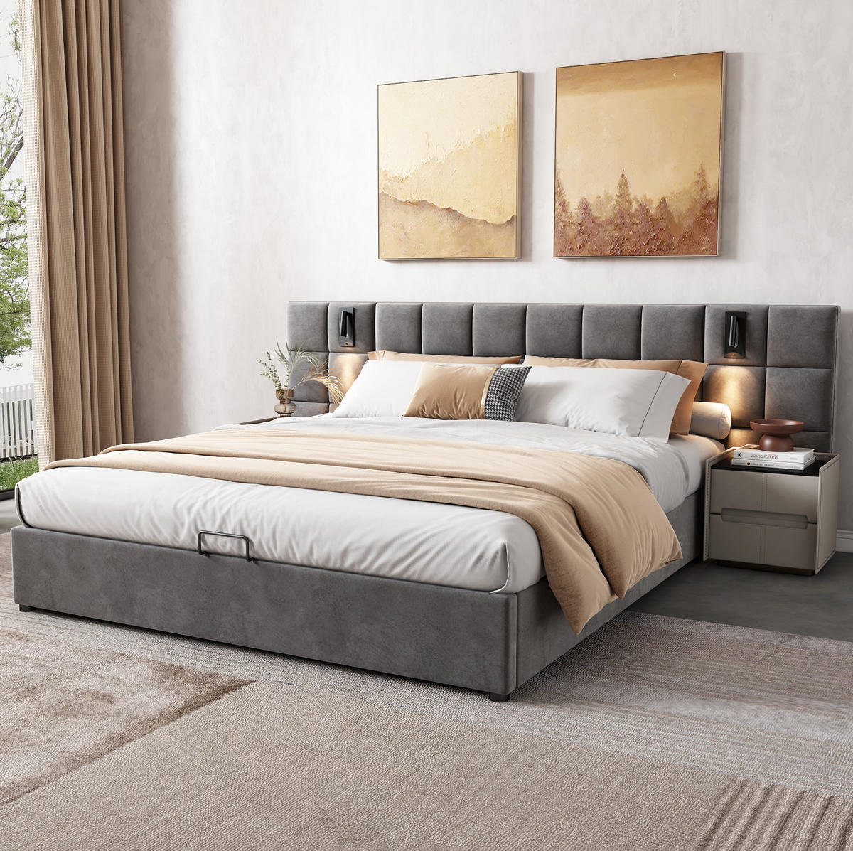 POLSTERBETT 180/200 cm Grau aus Samt mit Bettkasten und USB-Anschluss - Grau, Textil (180/200cm) - Flora Grace