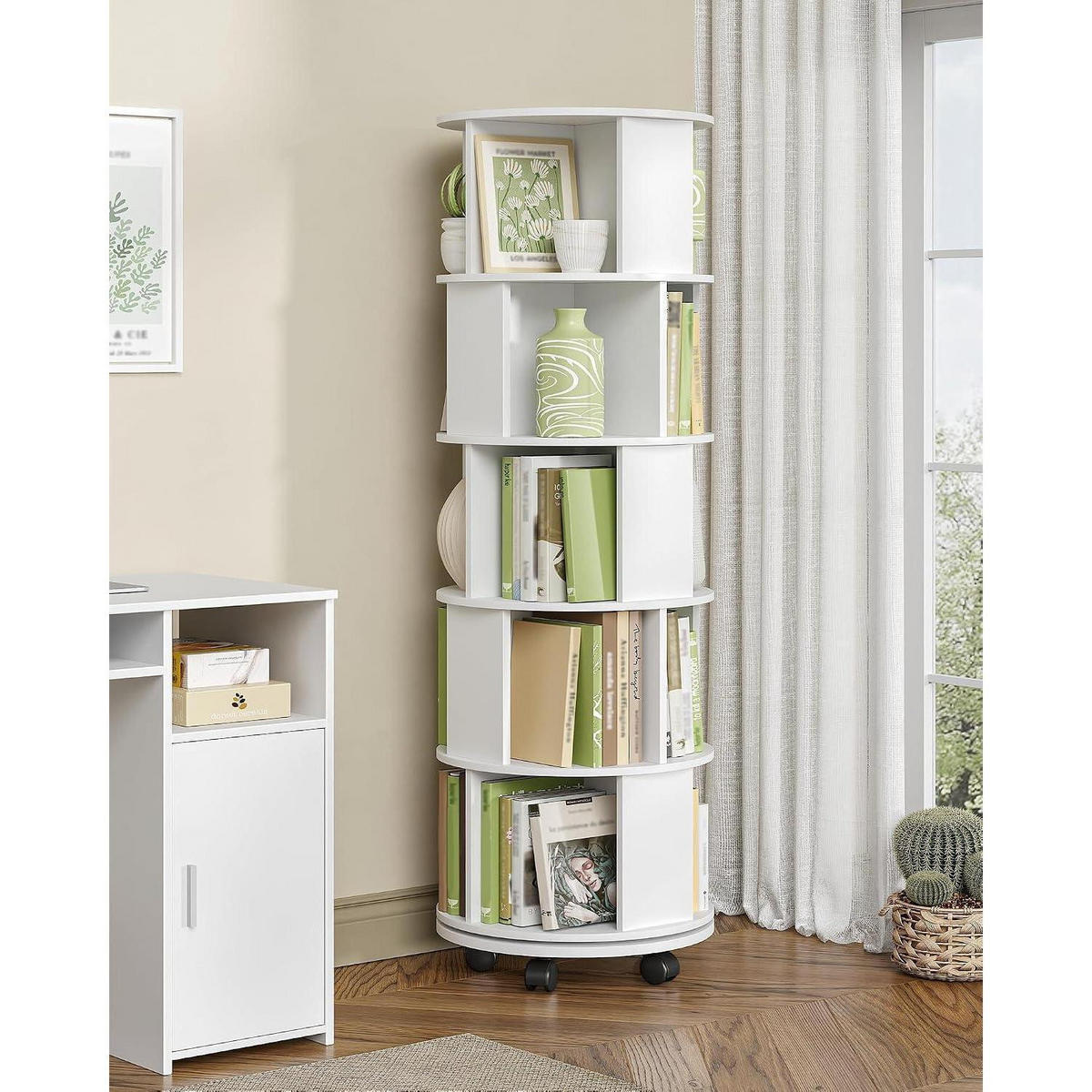 DREHBARES Bücherregal 5 Ebenen mit Rollen 45 x 45 x 161,5 cm Weiß - Weiß, Holzwerkstoff (45/161.5/45cm)