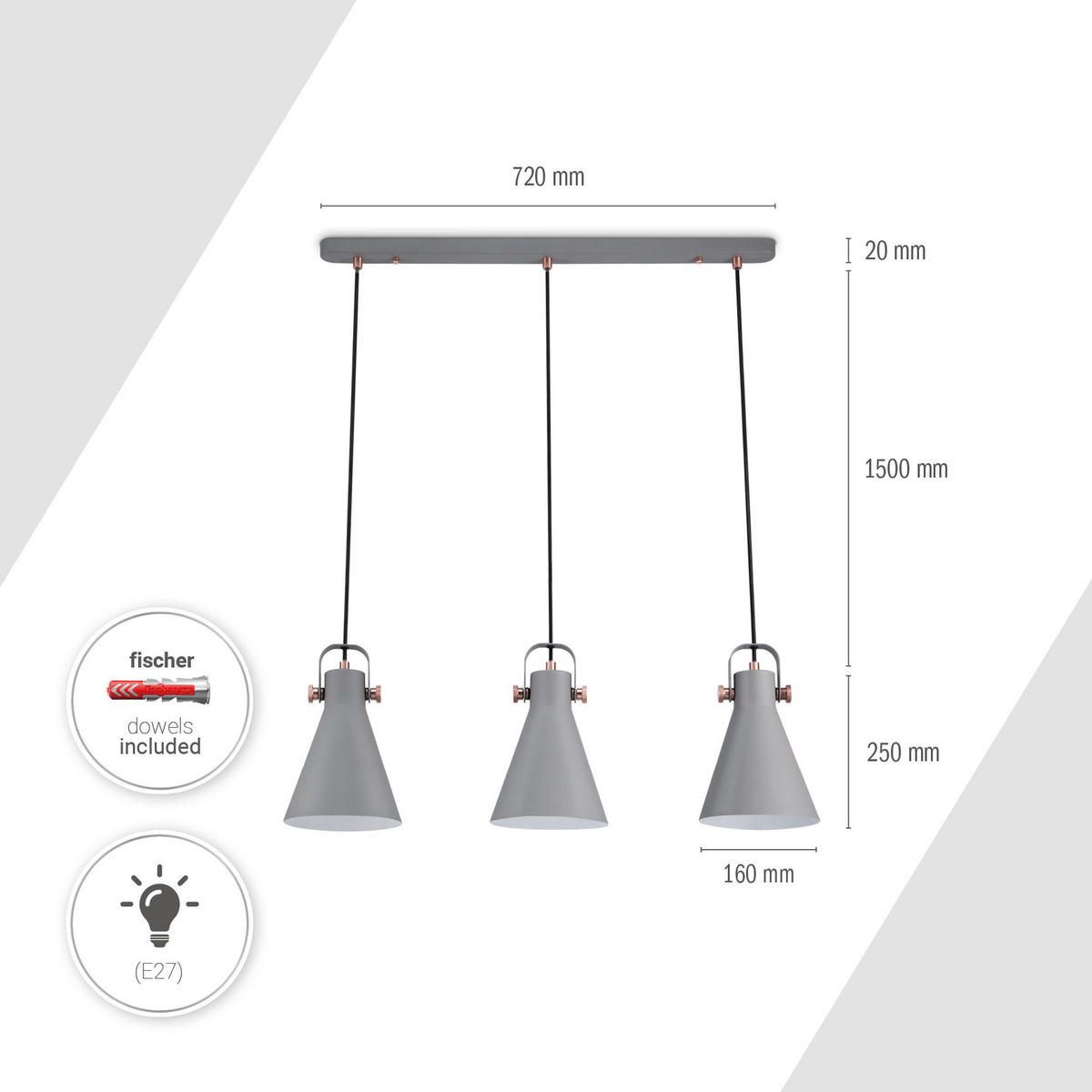 PENDELLEUCHTE Otto - Grau, Metall (16/16/25cm) - Paco Home