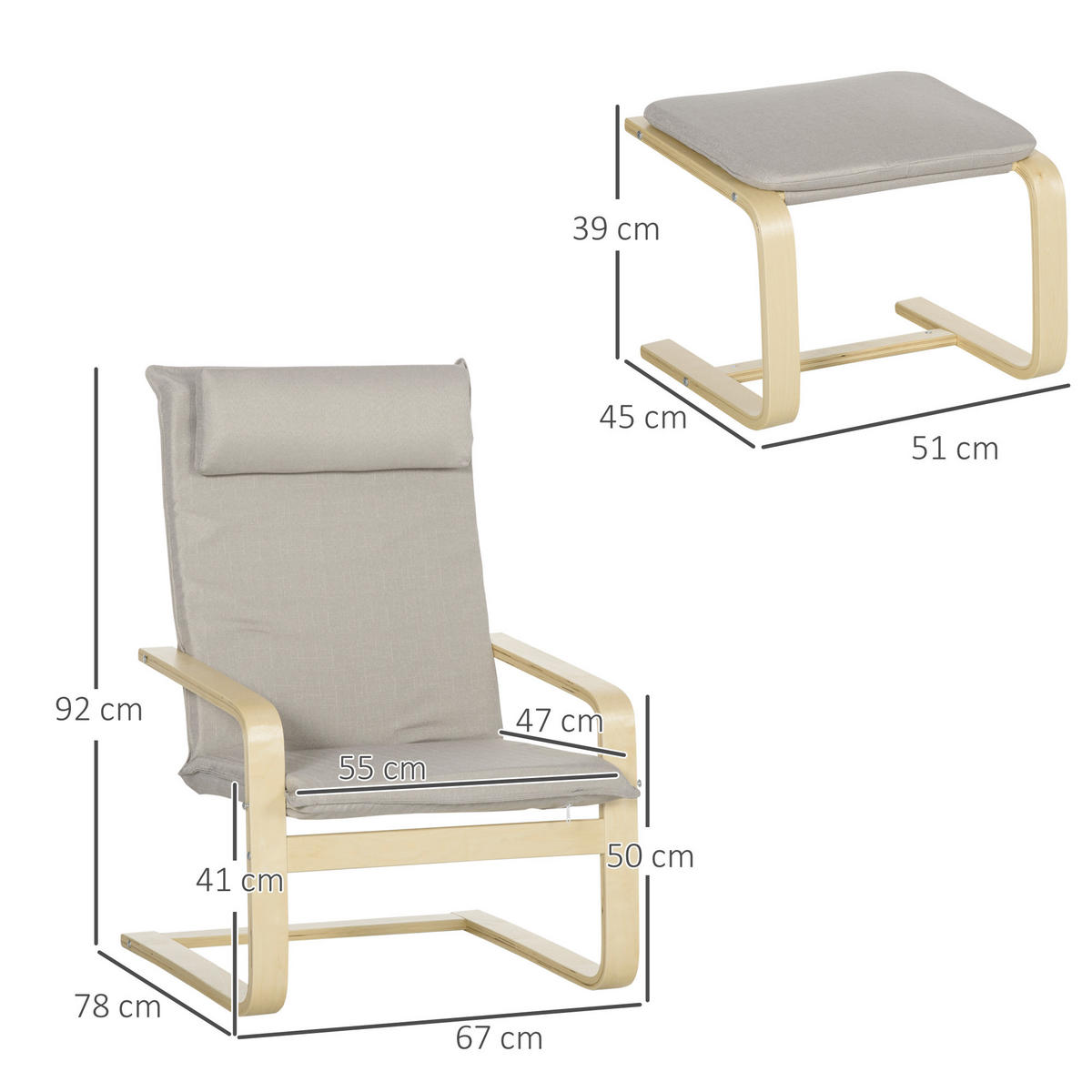 RELAXSESSEL Fußhocker Holz Stoff Kopfstütze 67 x 69 x 100 cm Grau - Grau, Textil (67/92/78cm) - Vallsero