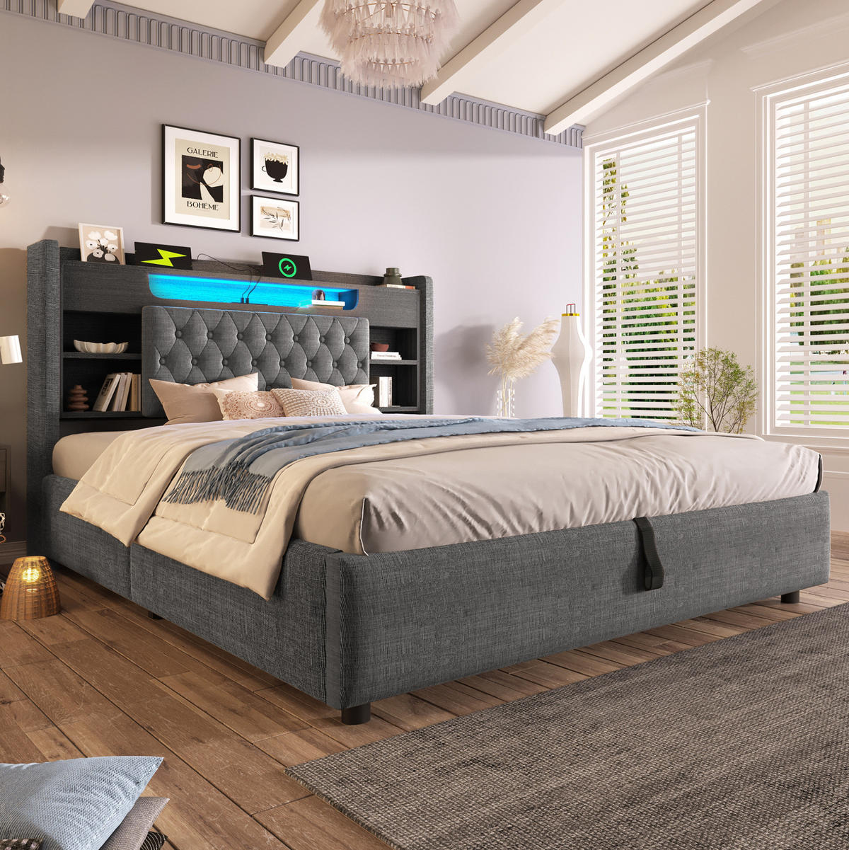 POLSTERBETT 180/200 cm aus Leinen mit Bettkasten LED und USB-C-Ladefunktion Grau - Grau, Textil (180/200cm) - Modenvie