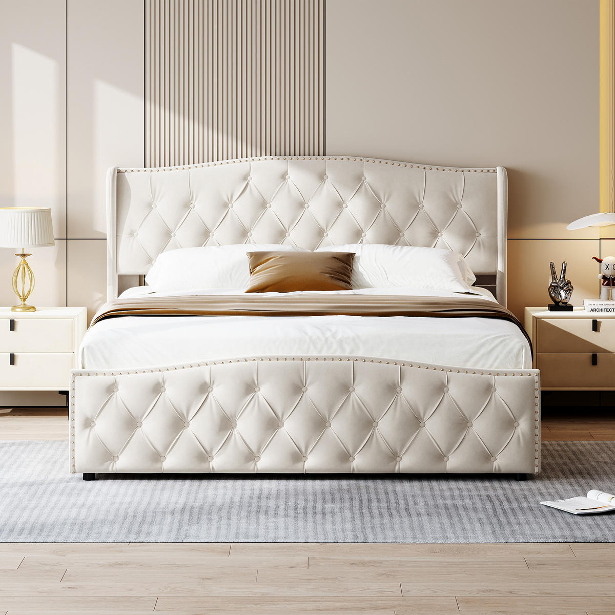 POLSTERBETT 140x200 cm Lattenrost verstellbares Kopfteil Samt weiß - Beige, Holz (140/200cm) - LEBENLANG