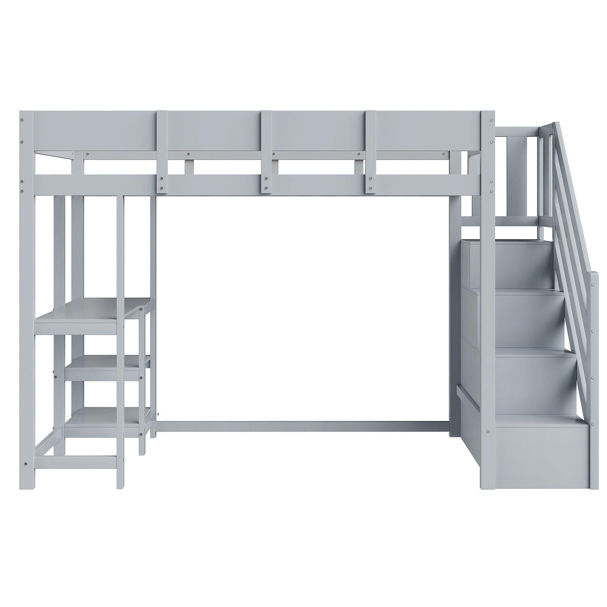 HOCHBETT aus Kiefernholz 90x200 cm Grau mit Stauraumtreppe, Ablageregal und Rundum-Schutzgittern - Grau, Holzwerkstoff (90/200cm) - Modfu