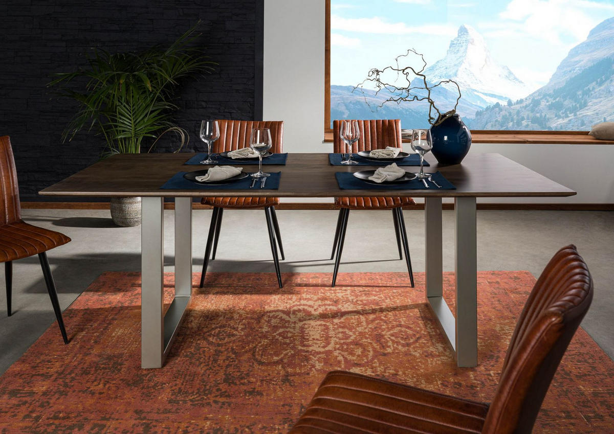 ESSTISCH Akazie 180x90 grau lackiert / U-Beine silber matt SWISS EDGE - Grau, Holz (90/180/76cm) - Massivmoebel24