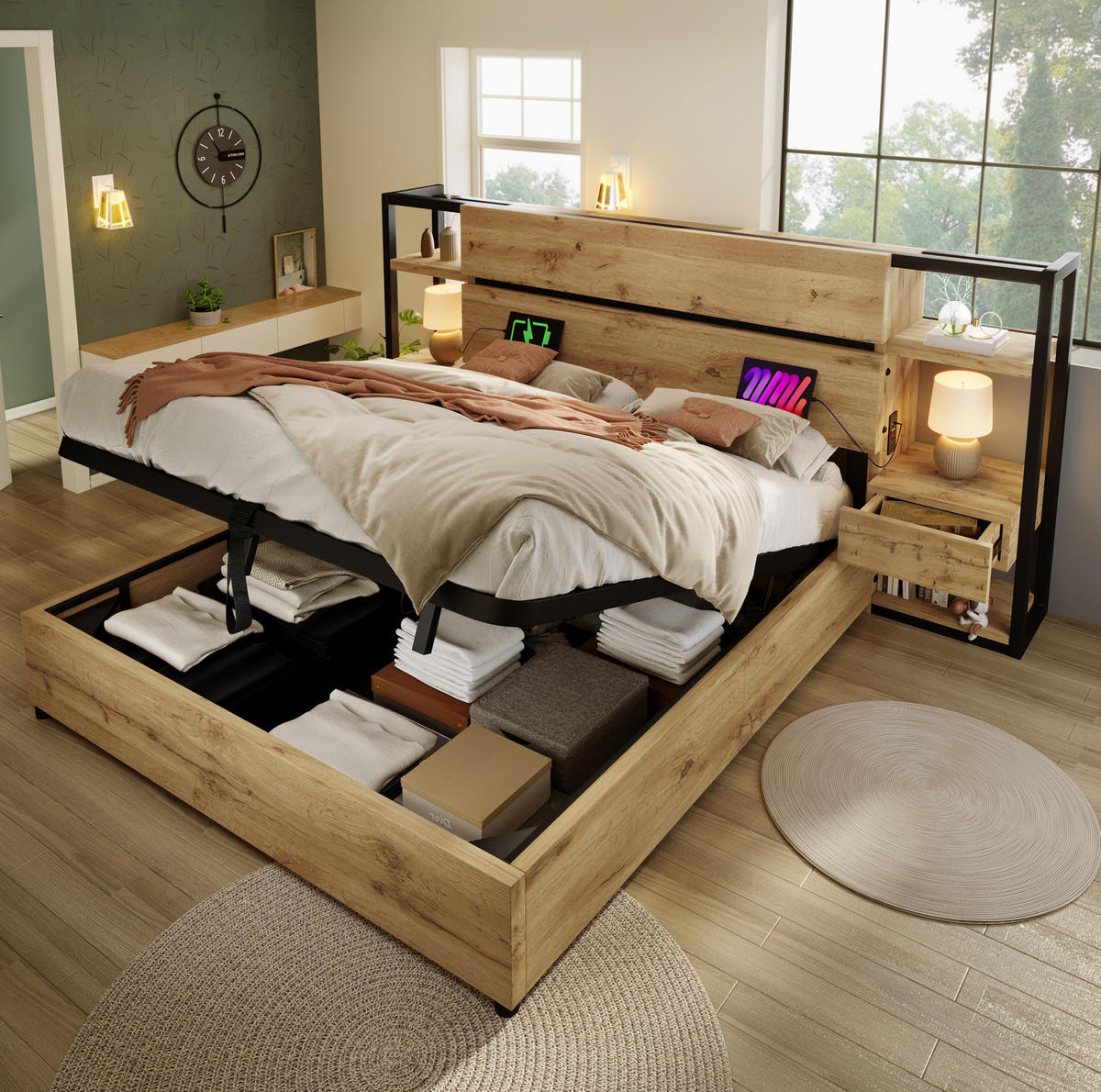 DVOJLŮŽKOVÁ postel z MDF a kovu 180x200 cm dubová s úložným čelem, USB a Type-C nabíjením - barva dubu, kompozitní dřevo (180/200cm) - Modfu
