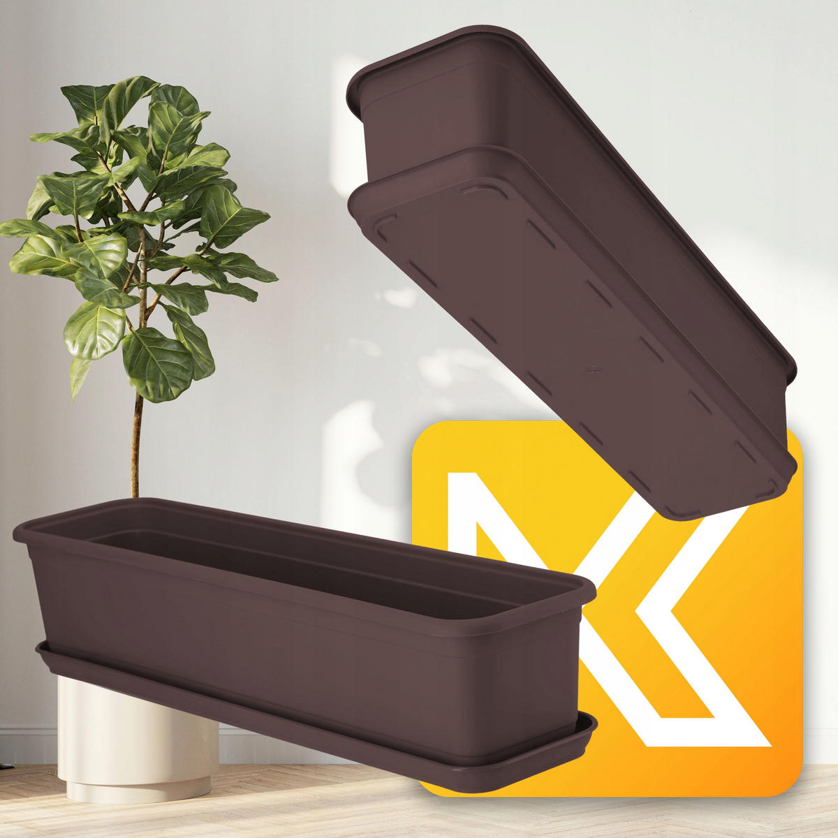 BALKONKASTEN mit Untersetzer 60 cm, Braun - Braun, Kunststoff (15/60cm) - KADAX