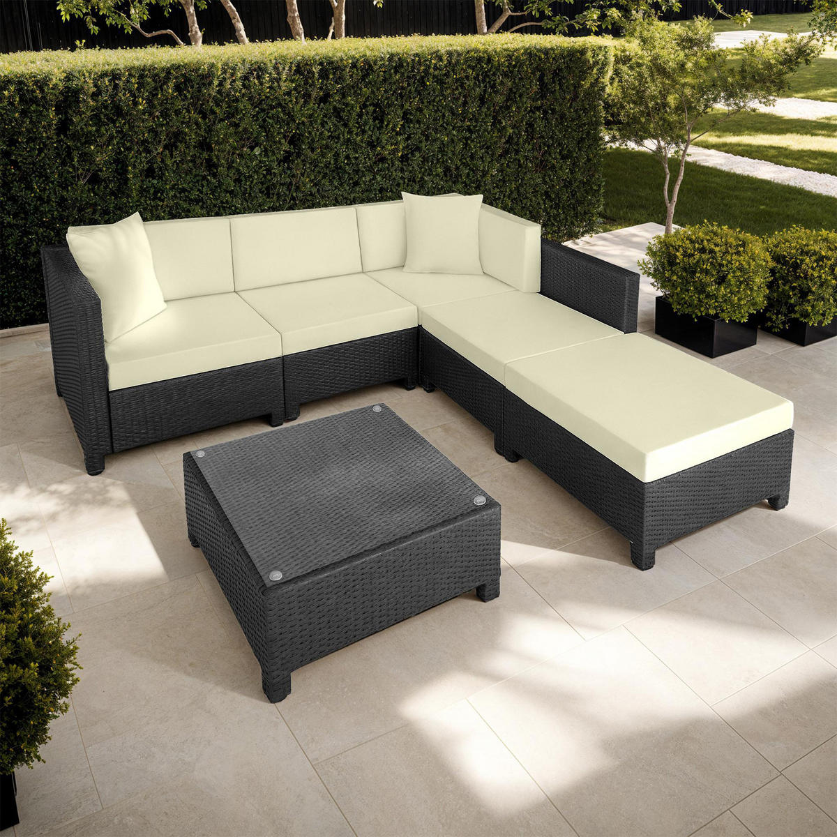 RATTANLOUNGE , mit Sicherheitsglasplatte, schwarz - Schwarz, Kunststoff - tectake