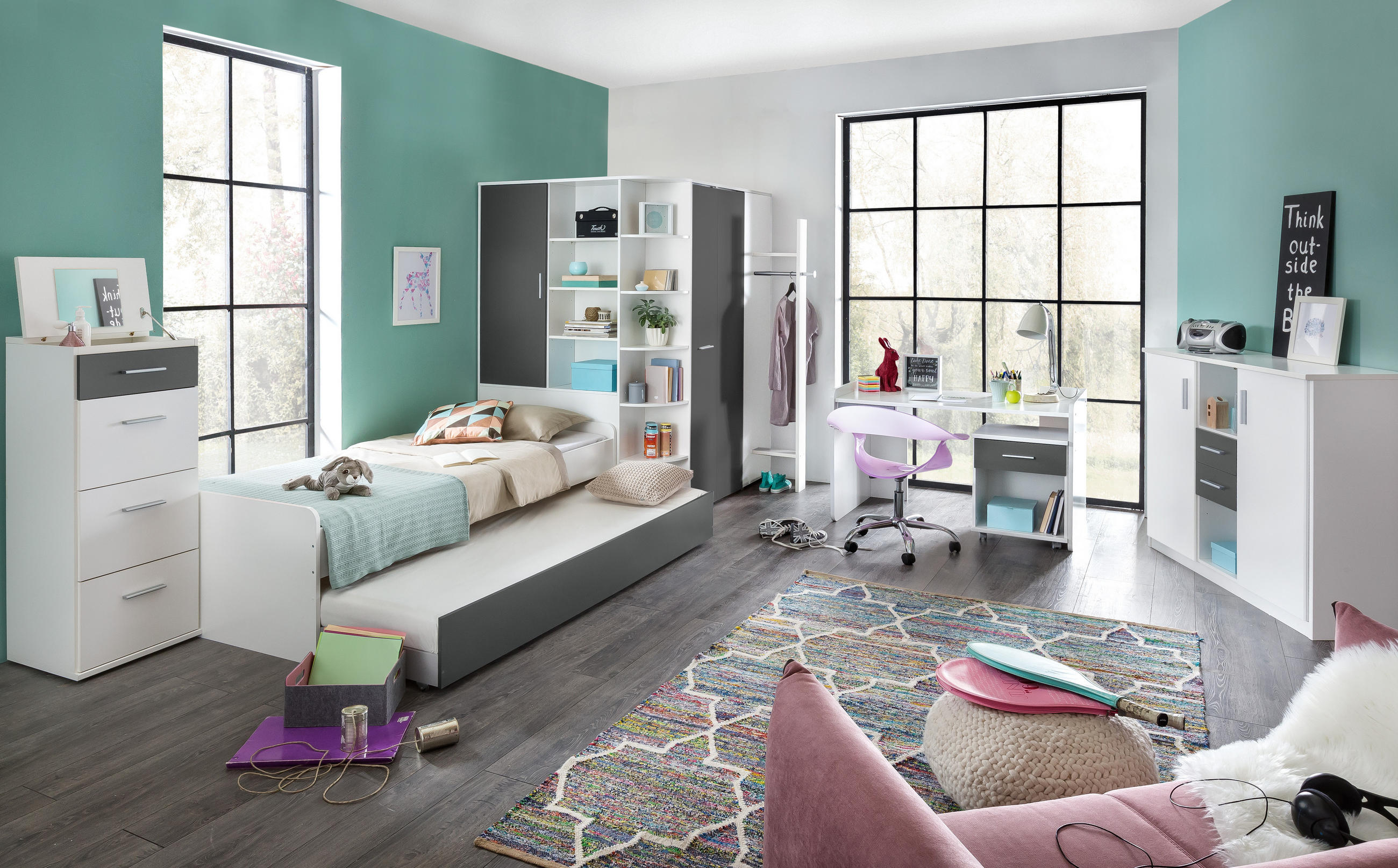 JUGENDZIMMER Joker in Weiß und Anthrazit 8 teilig - Weiß, Holzwerkstoff (120/200/80cm)