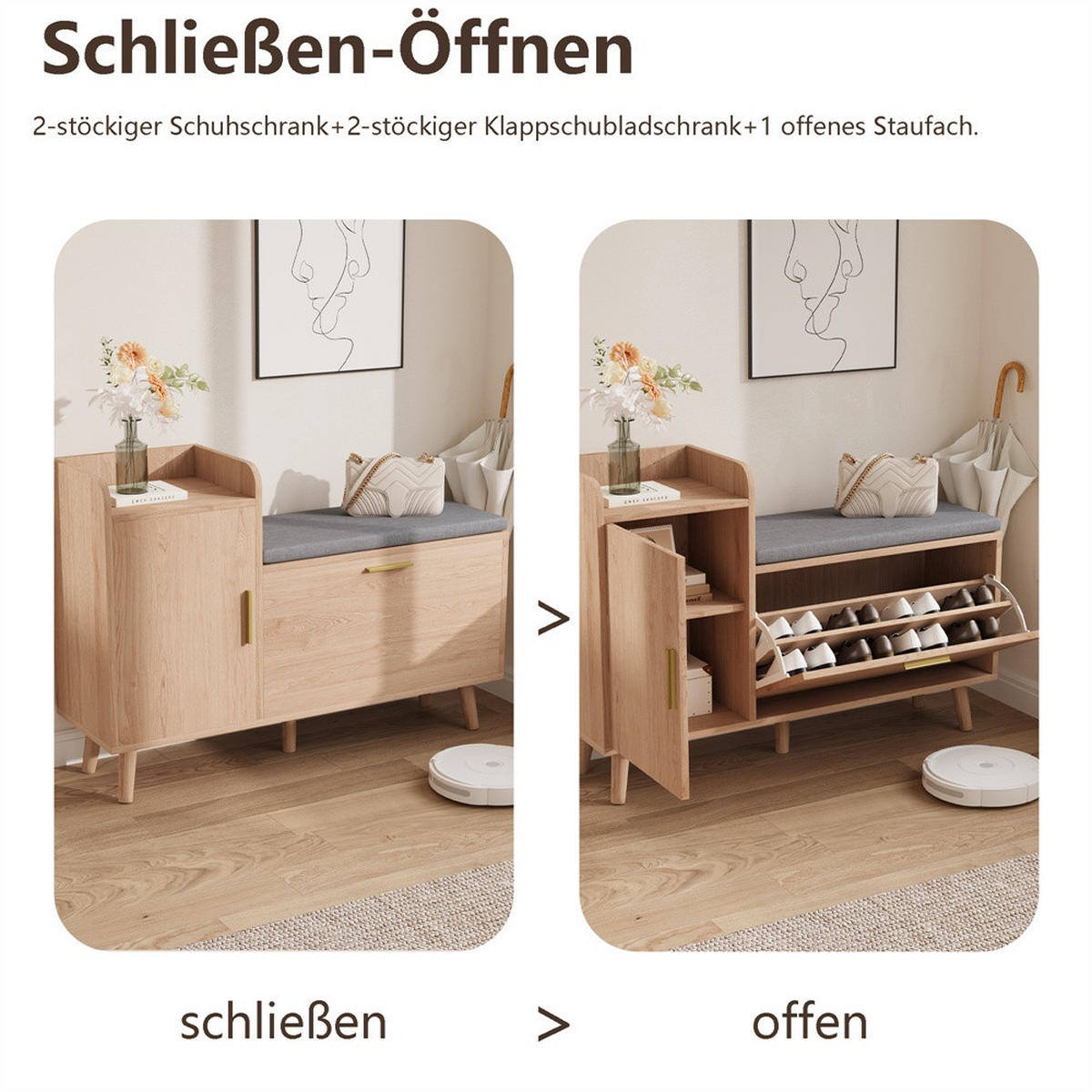 SCHUHBANK mit Sitzkissen und Kippfach - Mehrzweck-Schuhschrank mit Tür und offenem Ablagefach - Natur und Dunkelgrau - Eichefarben, Holzwerkstoff (30/69.5/100cm) - DELFA