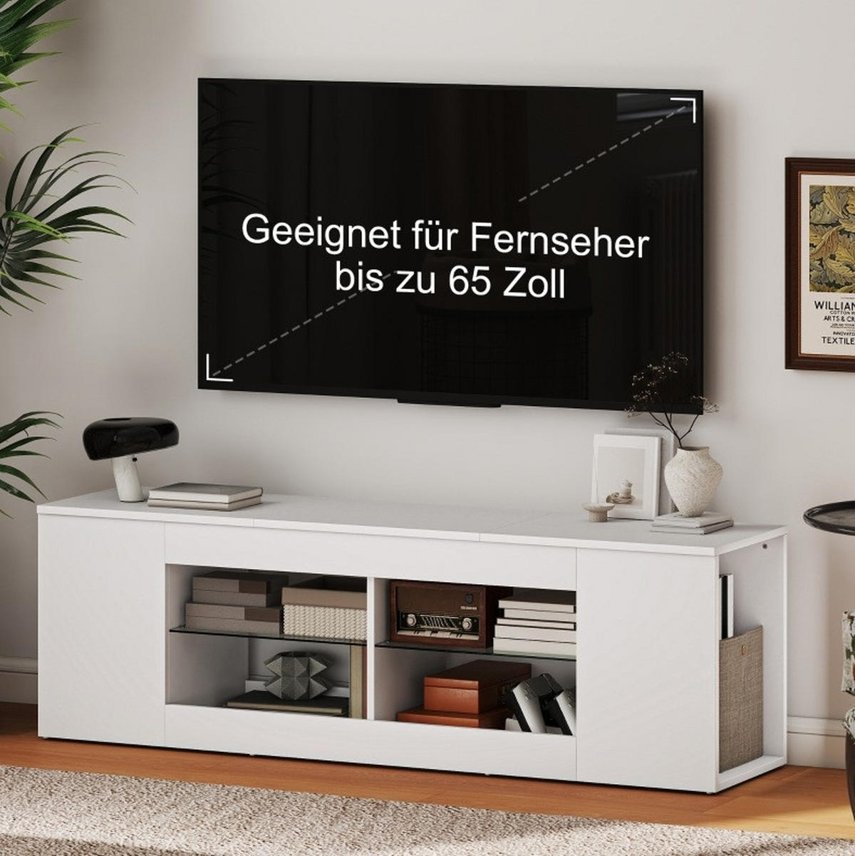 NÍZKÁ komoda z dřevotřísky a skla, 140/42,5 cm bílý, pro TV do 65 palců - bílá, sklo (140/42.5/35cm) - BEAOK