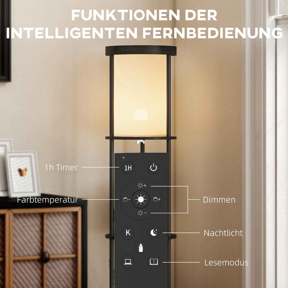 STEHLAMPE mit 3 runden Regalen, 3 Lichtfarben, Fußschalter - Schwarz, Holzwerkstoff (29/29/158cm) - HOMCOM