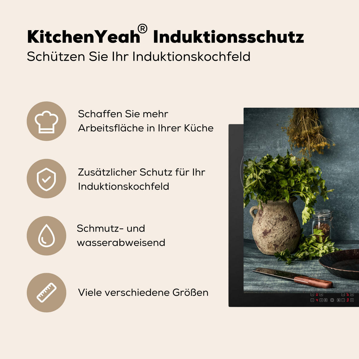HERDABDECKPLATTE Kräuter - Gewürze - Pfanne - Messer - Grau - Rustikal 77x59 cm - Petrol, Kunststoff (77/0.2/59cm) - MuchoWow