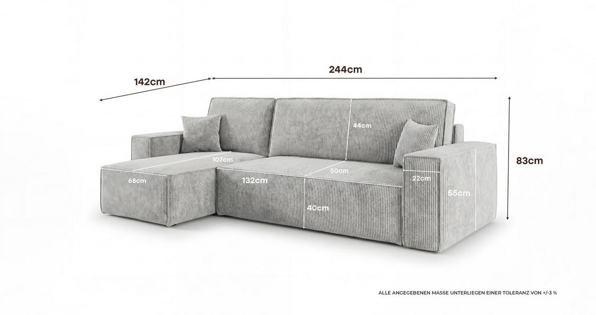 ROHOVÁ pohovka CALIFORNIA MINI pravá šedá manšestr Poso 55 - funkce spaní, úložný prostor - šedá, textil (245/139cm) - Cornero