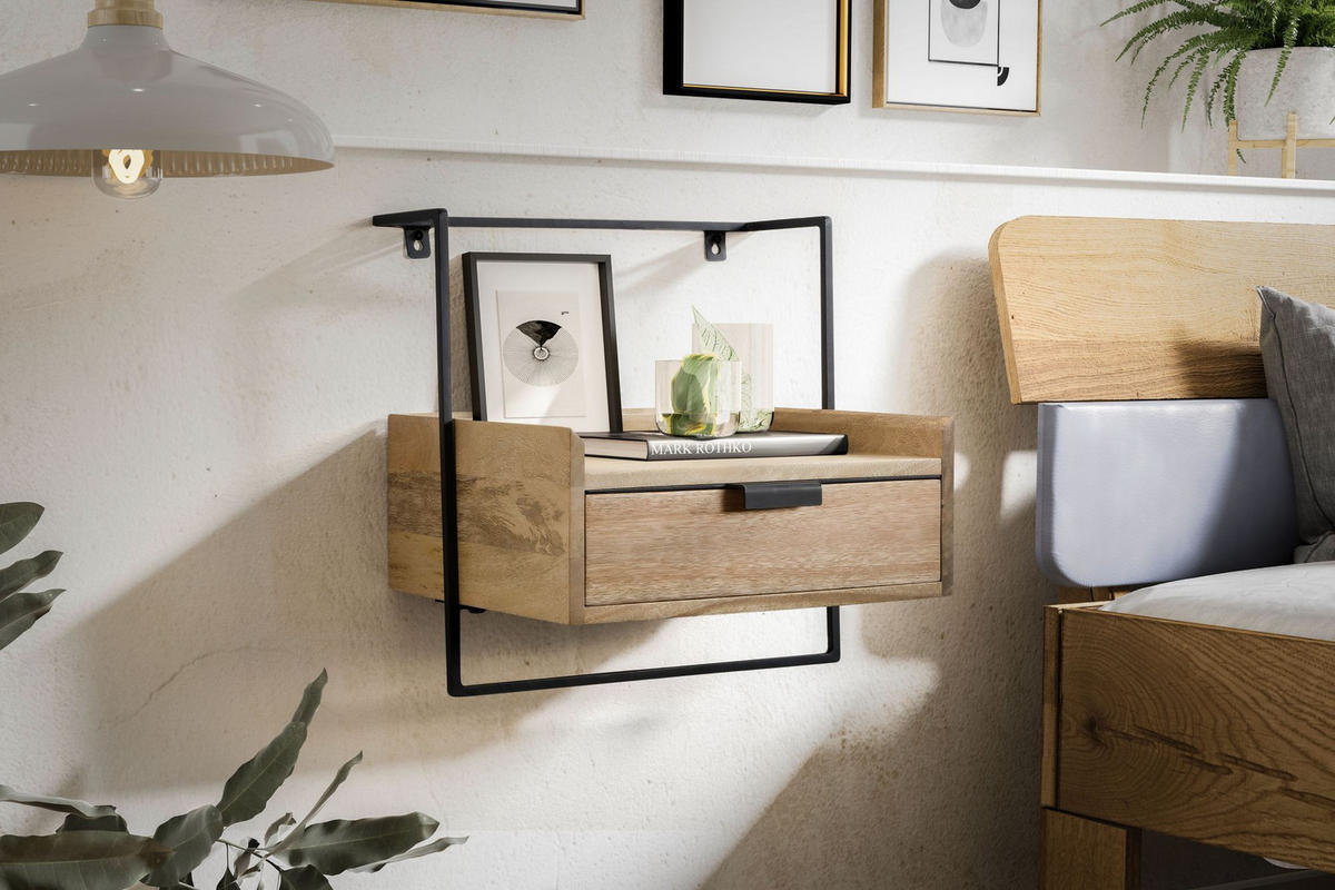 NACHTTISCH Mango Massivholz Wandmontage Schublade Boxspringbett, Beige 44x35x45 cm - Beige/Schwarz, Holz/Metall (44/45/35cm) - KADIMA DESIGN