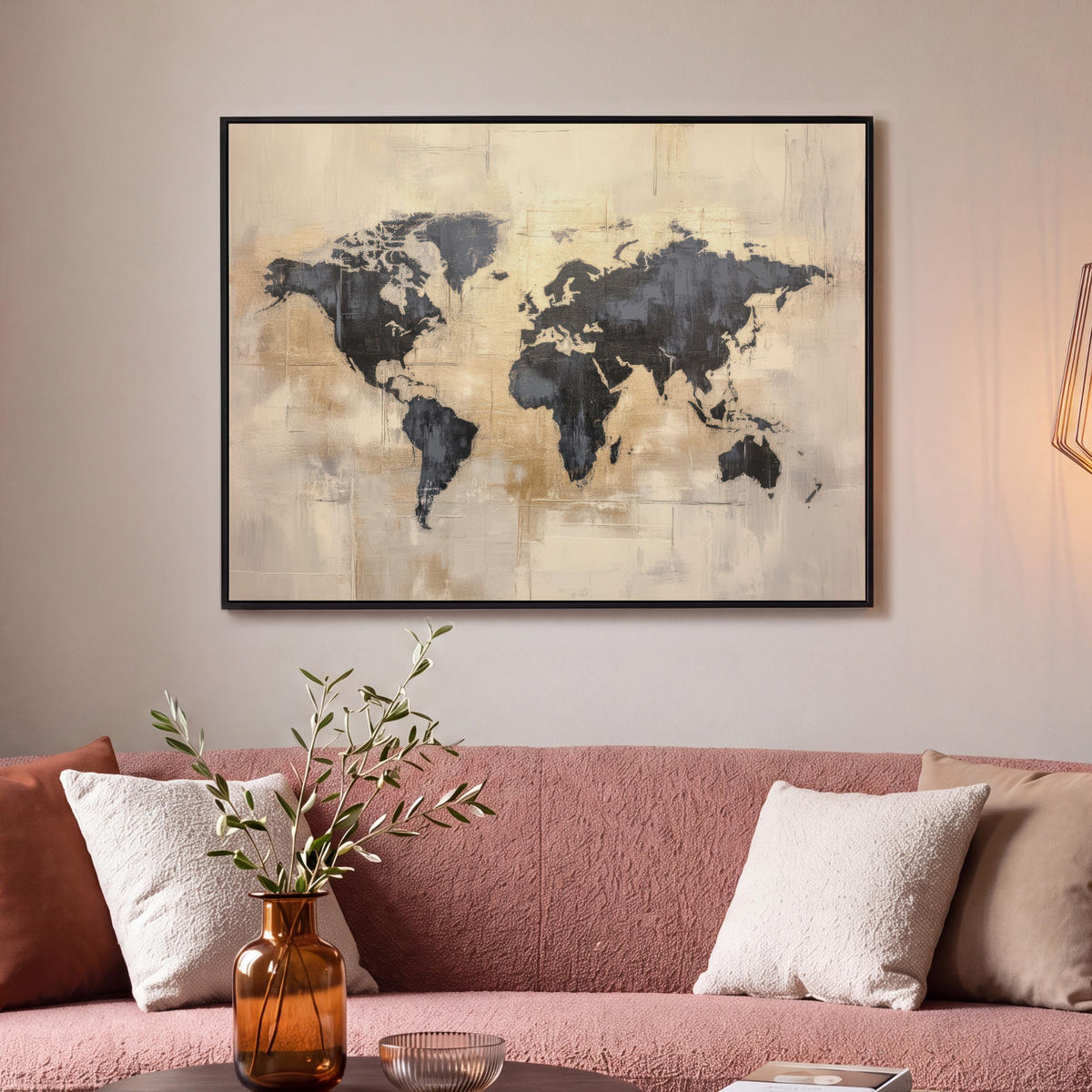 LEINWAND Bilder mit Rahmen - Weltkarte - Gold - Schwarz - Abstrakt - 100x70 - Kupferfarben, Textil (100/70cm) - MuchoWow