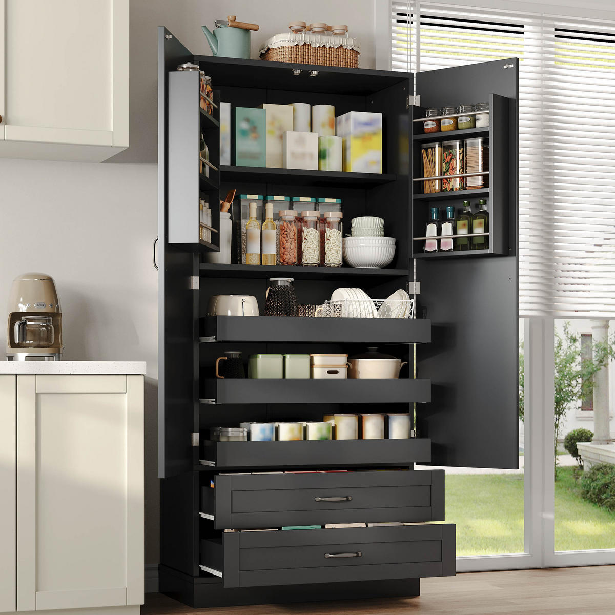 GESCHIRRSCHRANK 180 cm MDF Schwarz mit Ausziehböden und Türregalen - Schwarz, Holzwerkstoff (37.5/180/80cm) - Korfee