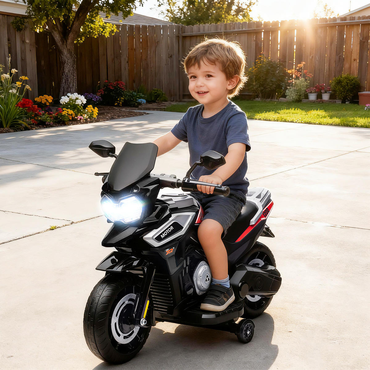 ELEKTRO-MOTORRAD Kinder 6V mit 2 Hilfsrädern, Schwarz - Schwarz, Kunststoff (85.5/44.5/56cm) - AIYAPLAY