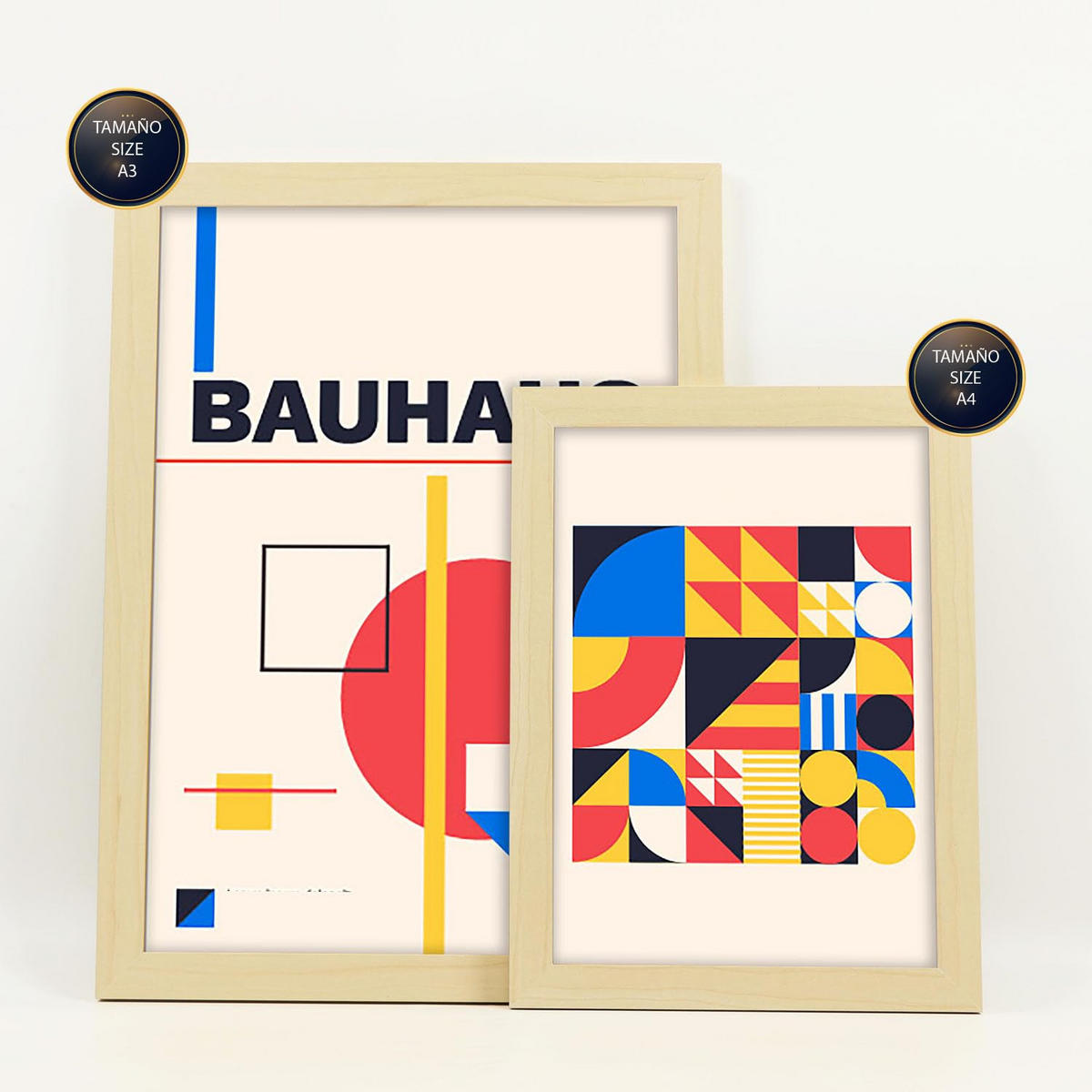 POSTER Set Mit 6 Bauhaus-Stil 3 Geometrisch Größe A3 & A4 Rahmen aus hellem Holz - Beige, Papier (29.7/1cm) - Nacnic