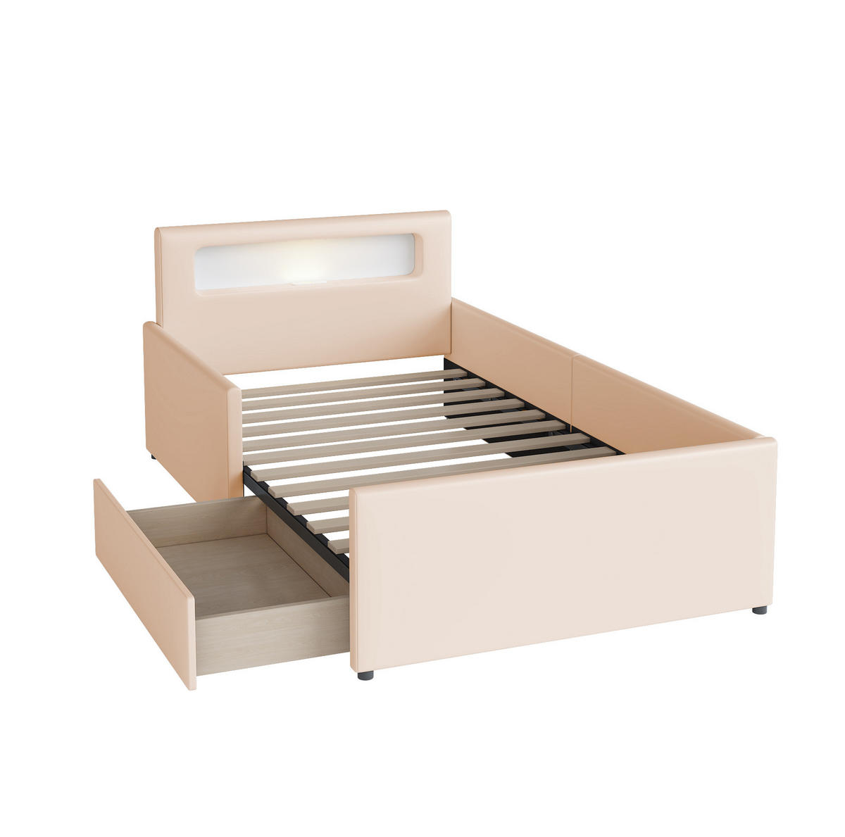 KINDERBETT 90/200 cm Beige aus Kunstleder mit Nachtlicht, USB-Anschluss und Schubladen - Beige, Textil (90/200cm) - OKMYHOME