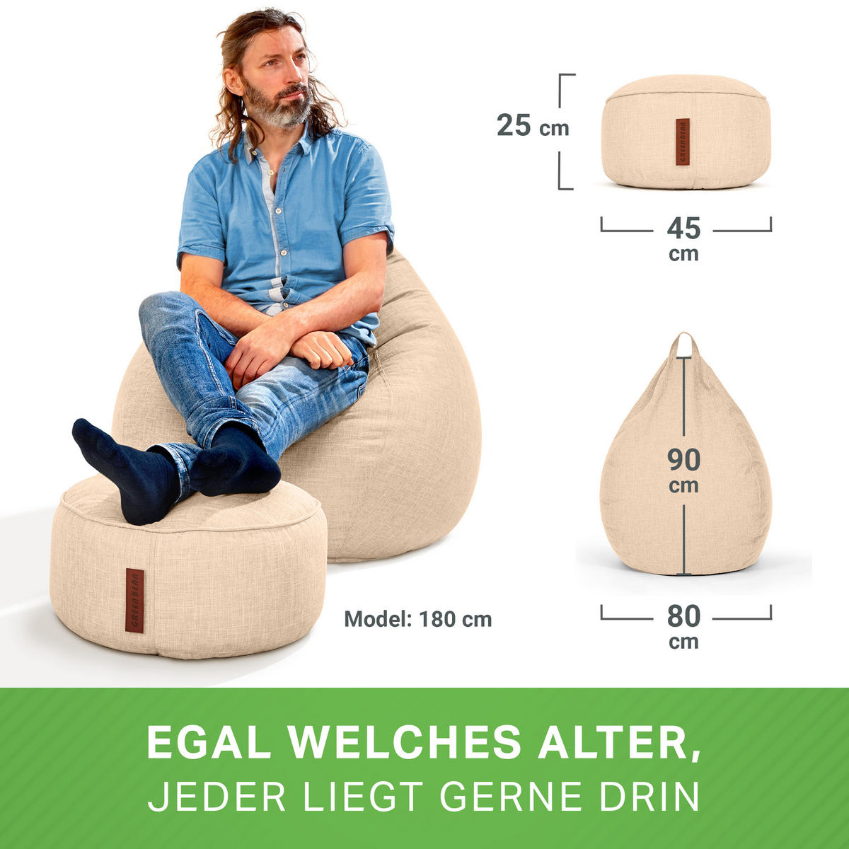 SITZSACK Indoor Set "Home Linen“+Hocker - Beige, Textil (80/90/50cm) - Green Bean