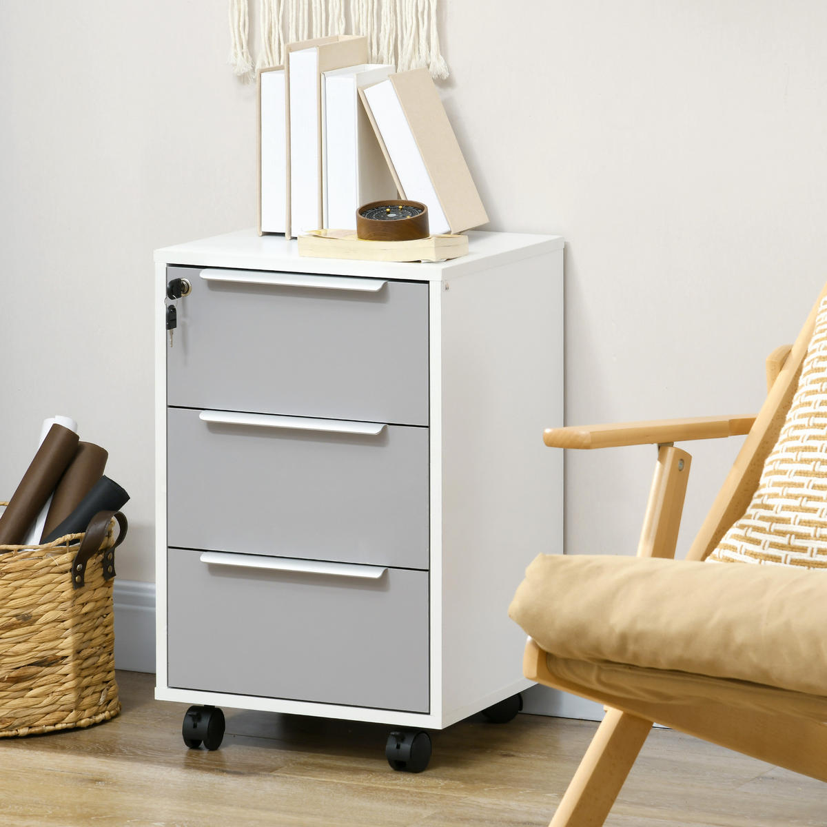 ROLLCONTAINER DE-14418 3 Schubladen abschließbar Weiß/Grau - Weiß, Holzwerkstoff (40/63.5/40cm) - ComfortXL