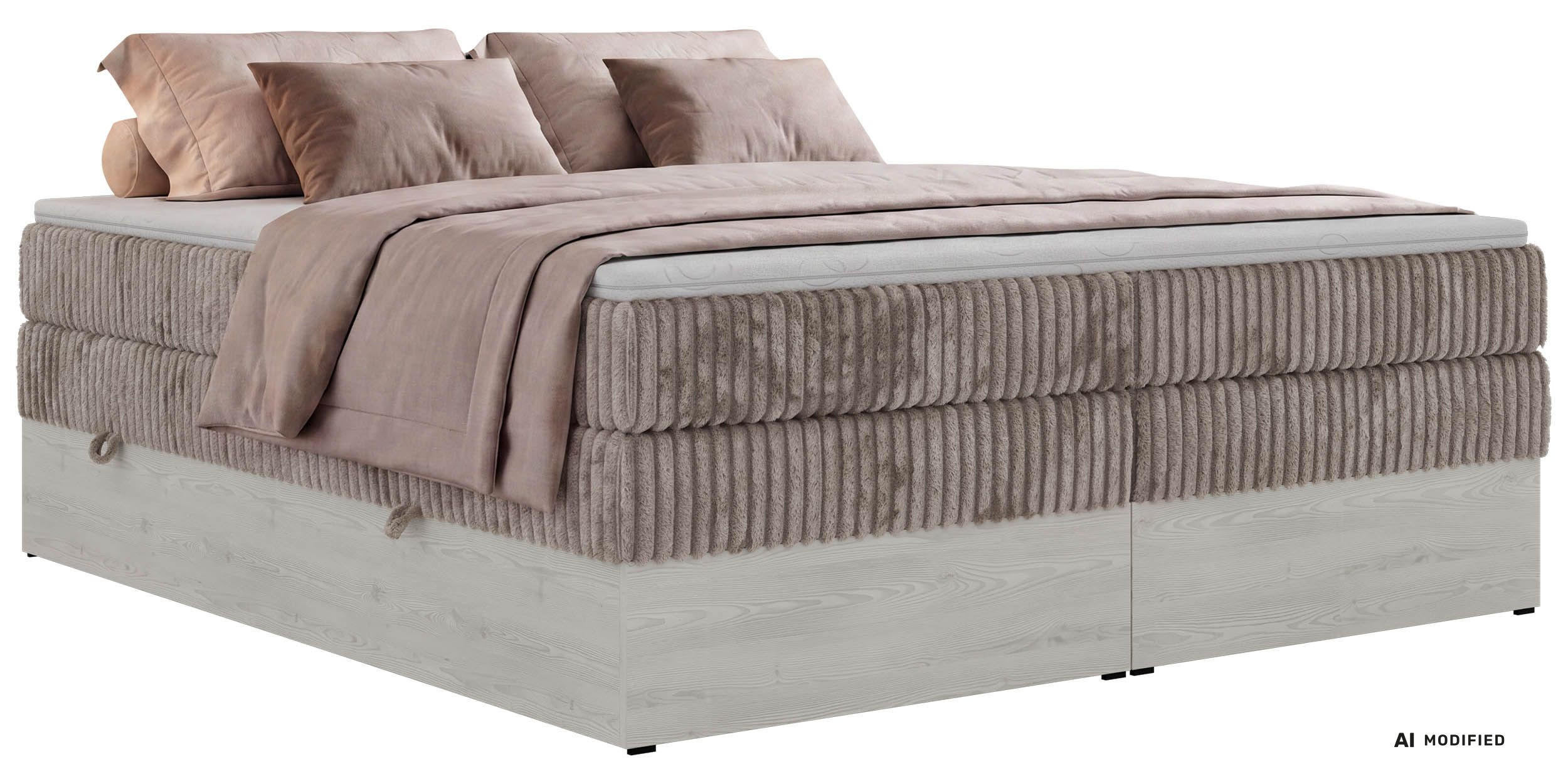BOXSPRINGBETT NORDIC ZERO KING 200/200 - Hellbraun Cord - Topper Visco - H4 - Hellbraun/Schwarz, Kunststoff/Textil (200/200cm) - MKS