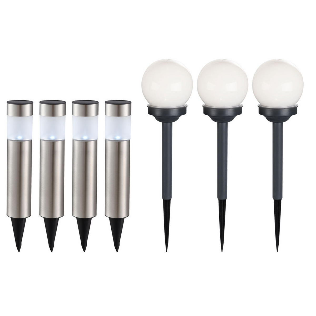 LED AUSSENLEUCHTE Solar Säulen und Kugel Weiß 7er Set - Weiß, Kunststoff (6.5/6.5/38cm)