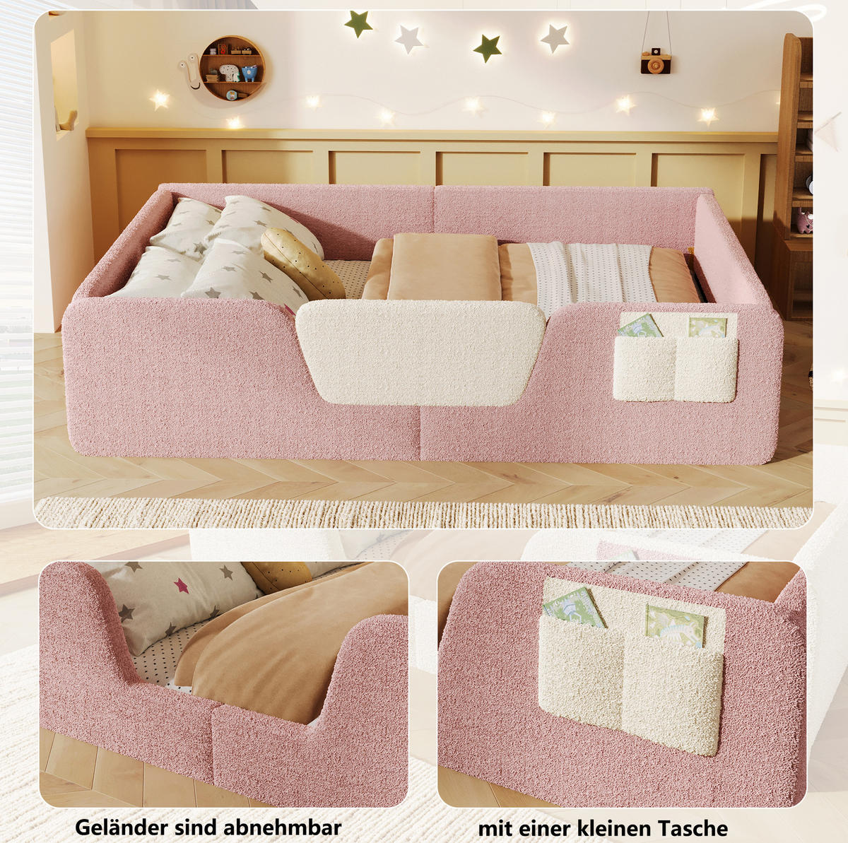 POLSTERBETT 140/190 cm rosa aus Samt mit abnehmbaren Seitengittern - Rosa, Textil (140/190cm) - OKWISH