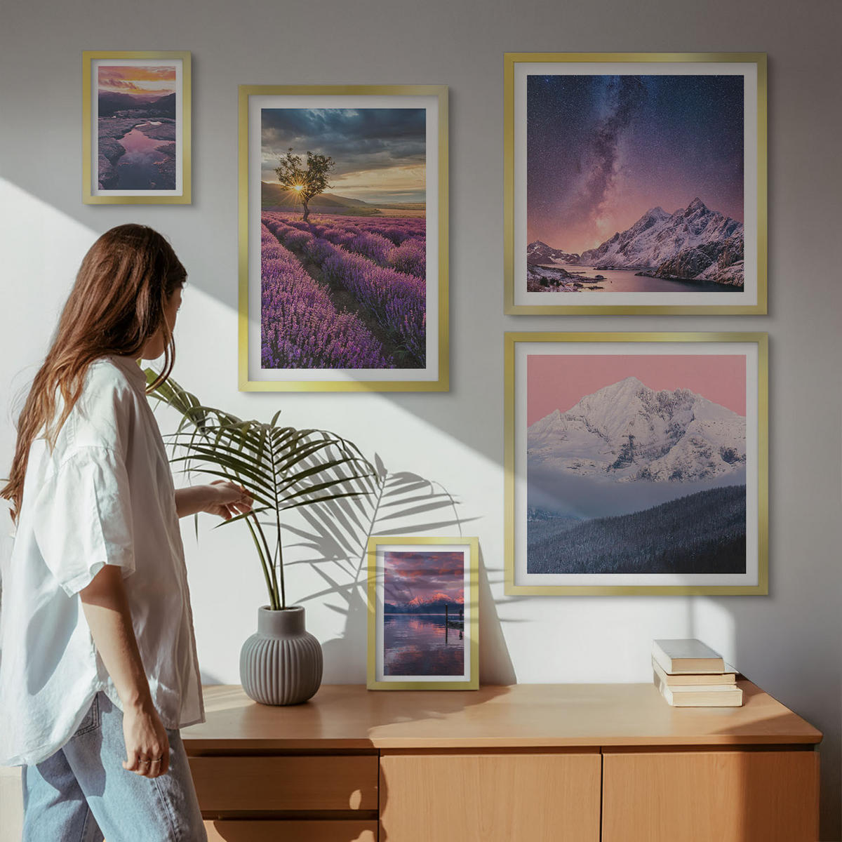 BILDER SET 5er Set - 50x50 cm & 20x30 cm & 40x60 cm Goldrahmen - Nachtstädte mit Neonlichtern - Goldfarben, Kunststoff (40/60cm) - TULUP
