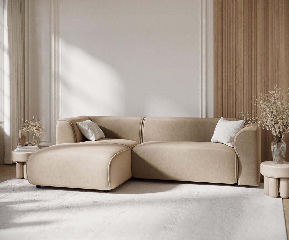 ECKSOFA Melani Beige Samtstoff - Beige/Schwarz, Holz/Holzwerkstoff (253/153cm) - Maison de Reve