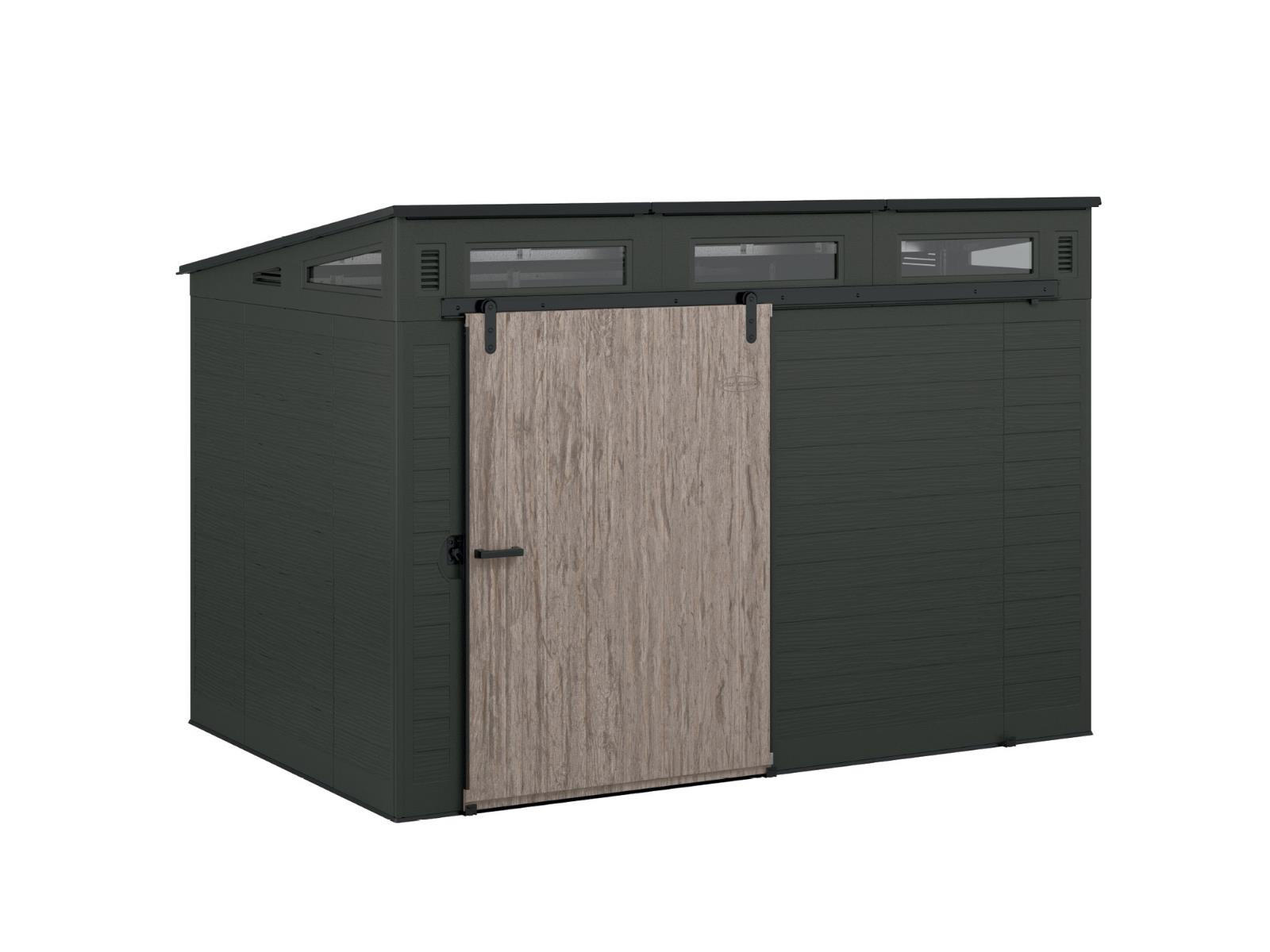 GERÄTEHAUS 328 x 222 x 227 cm mit Schiebetür und Holzoptik-Front, 13,7 m³ Stauraum, Aufbewahrungskorb, Regale und Werkzeughaken enthalten - Braun, Kunststoff (122/52/226cm) - Suncast