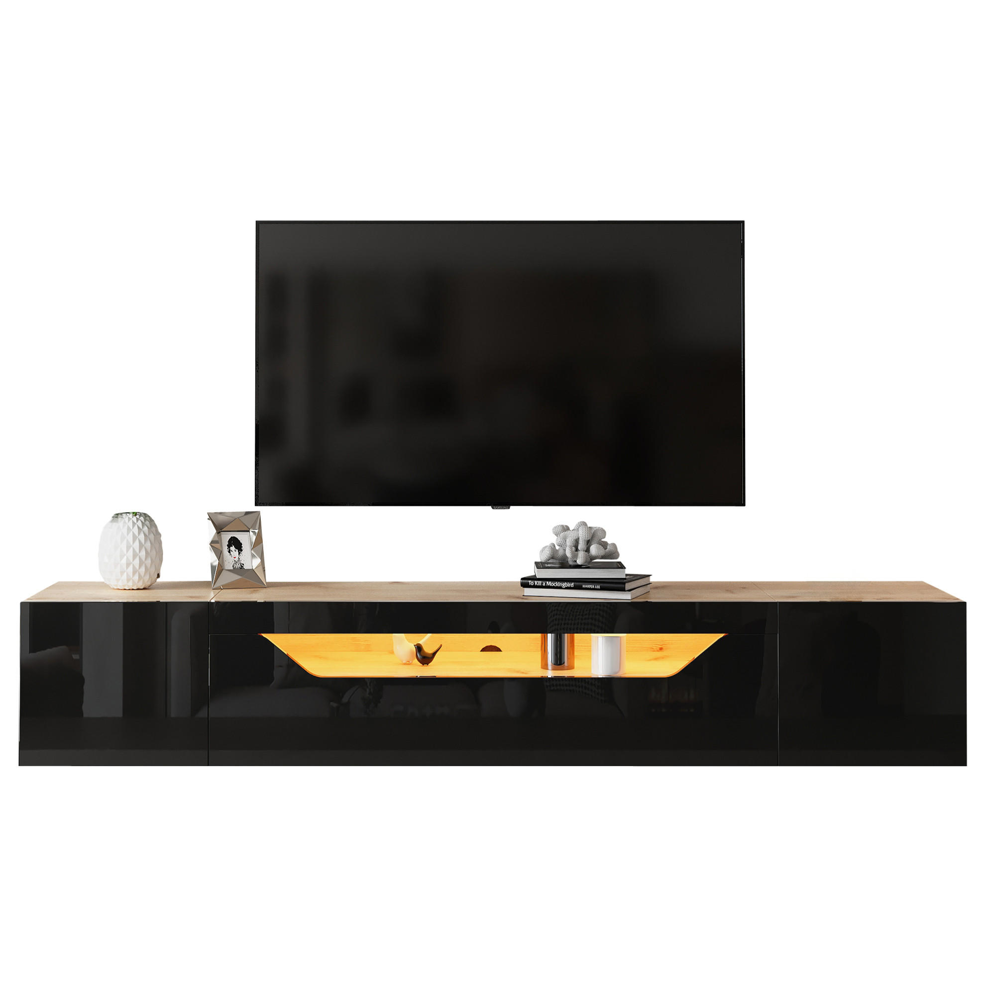 Modfu TV skříňka z dřevotřísky 180x37x36 cm černá a v dekoru přírodního dřeva, nástěnná s LED osvětlením a úložným prostorem