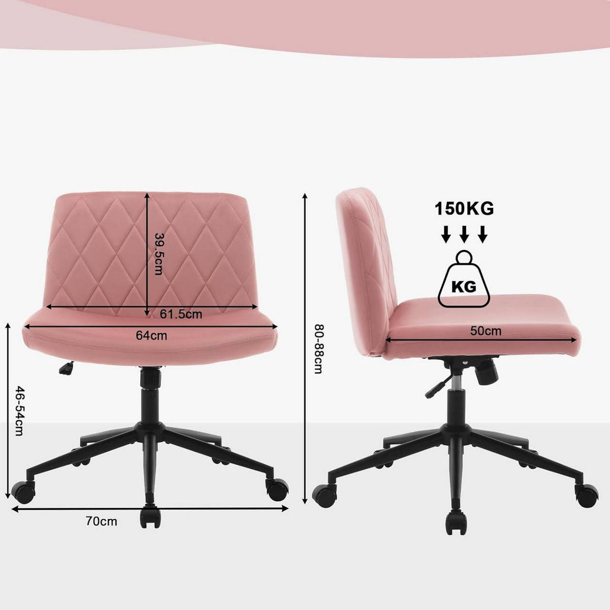 BÜROSTUHL 100°-120° neigbar, Samt, Rosa - Schwarz/Rosa, Kunststoff/Textil (64/80/70cm) - Woltu