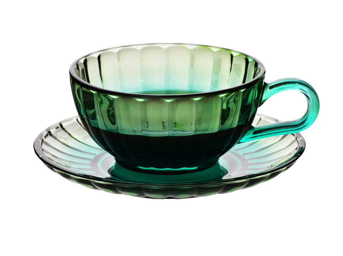TASSE mit Untertasse Vini Grün 15.5/15.5/7 cm Glas - Grün, Glas (0.21L) - Mondex
