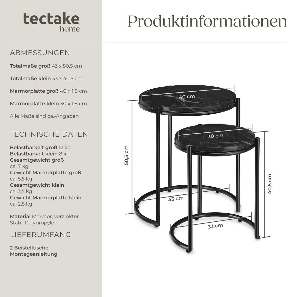 BEISTELLTISCH Ellsa,ineinander schiebbar,schwarz/schwarz - Schwarz, Stein (43/43/50.5cm) - tectake