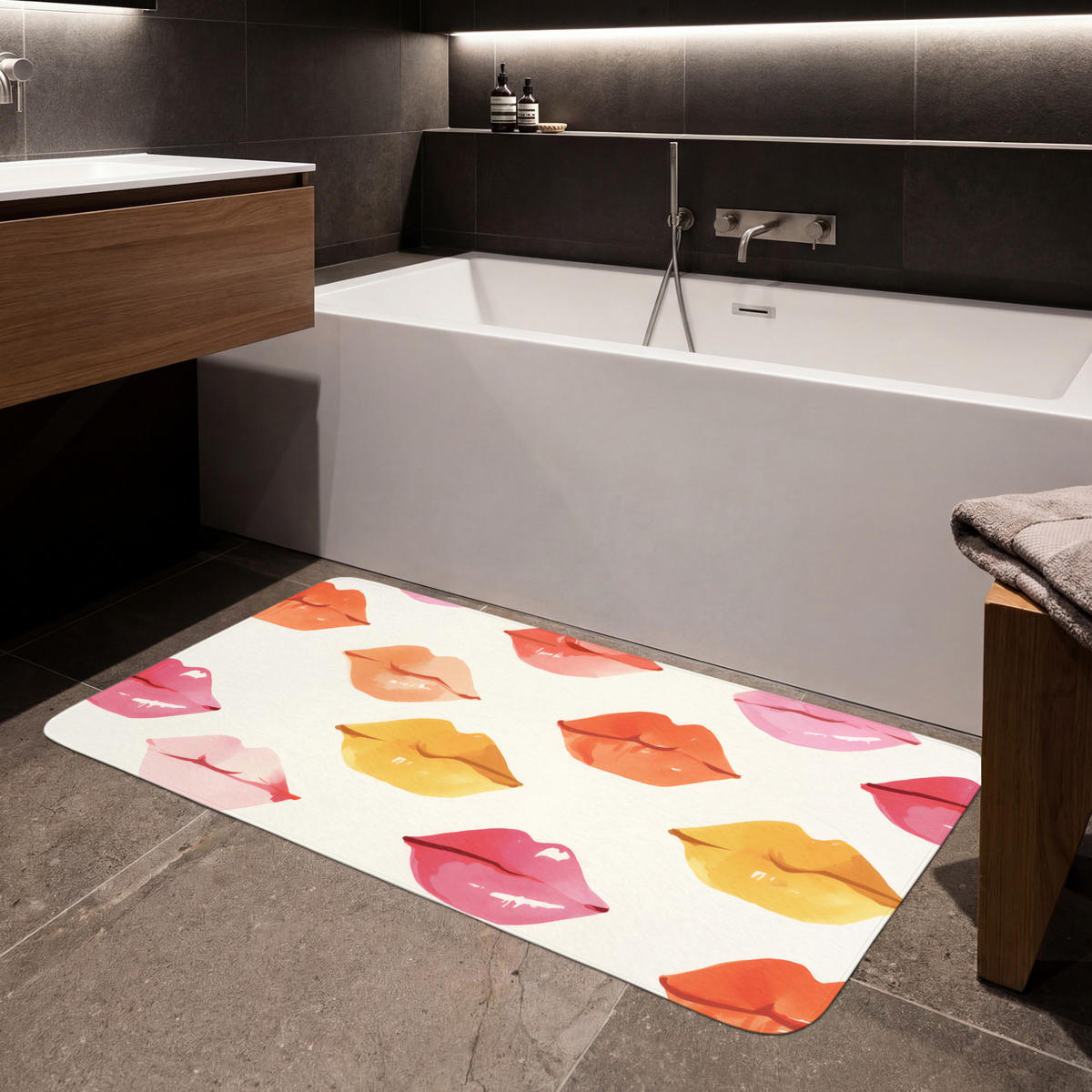 KOUPELNOVÁ PŘEDLOŽKA Rty - barevné - lesklé 120x60 cm - růžová, textil/plast (120/60cm) - OnlyWow