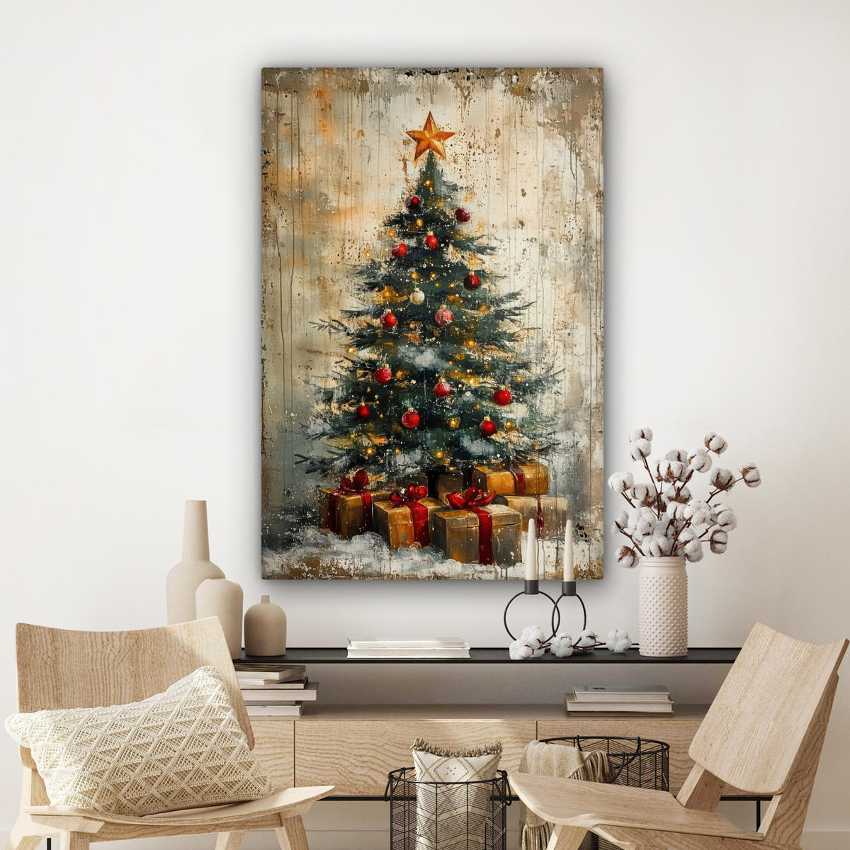 LEINWANDBILD Weihnachtsbaum - Vintage - Weihnachten - Geschenk 80x120 cm - Rostfarben, Textil (80/120cm) - MuchoWow