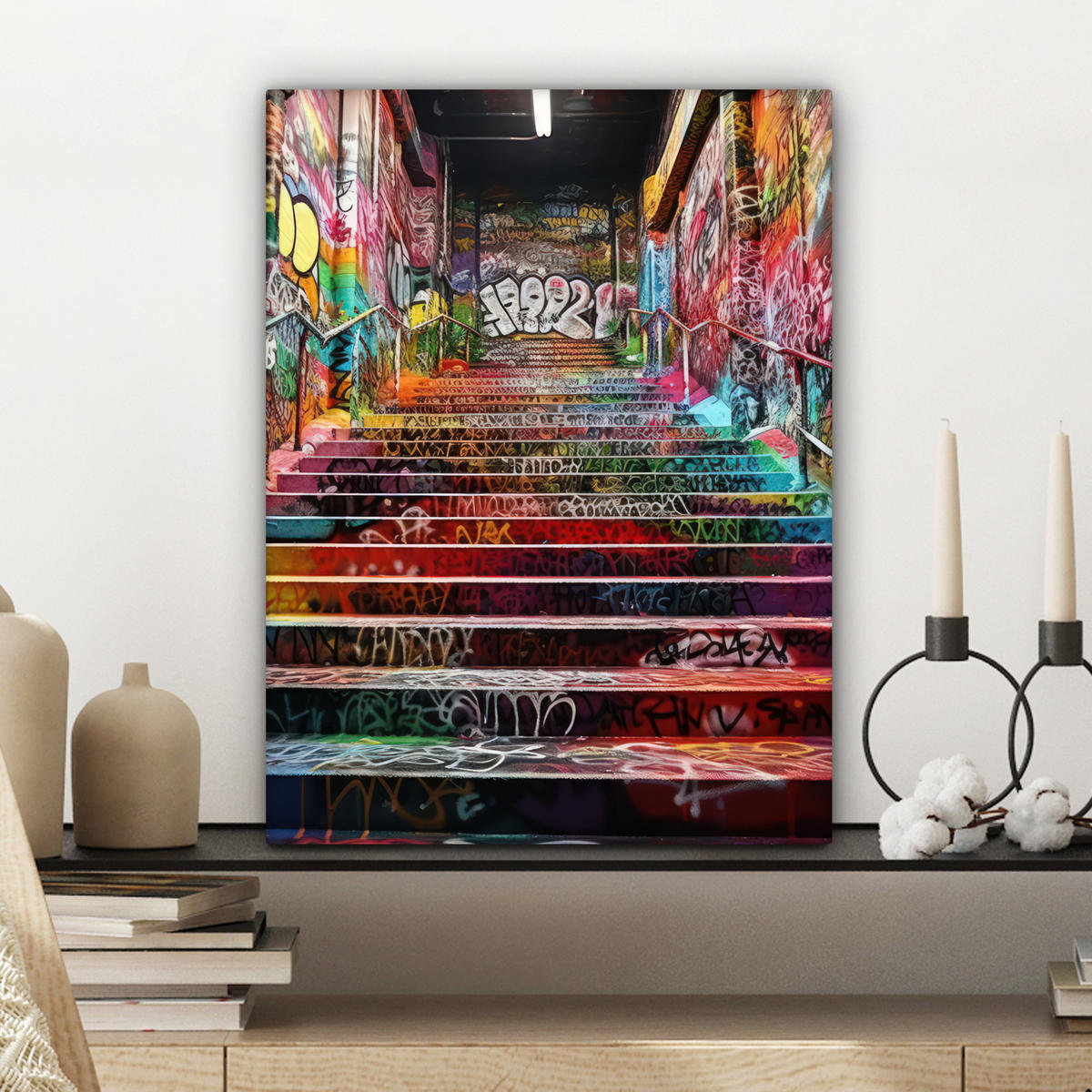 LEINWANDBILD Treppe - Graffiti - Farben - Kunst 30x40 cm - Multicolor, Textil (30/40cm) - MuchoWow