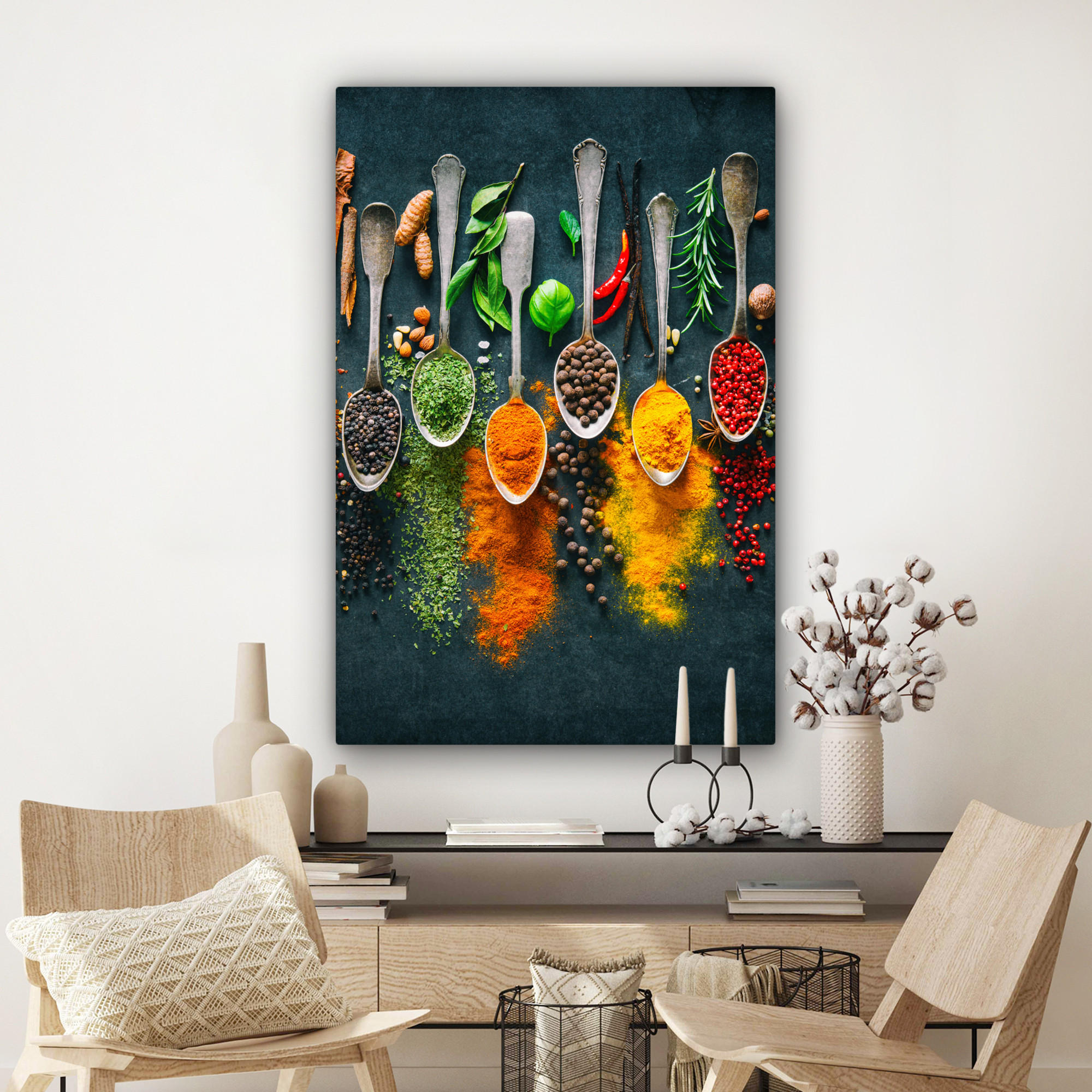 LEINWANDBILD Kräuter - Gewürze - Löffel 80x120 cm - Currygelb, Textil (80/120cm) - MuchoWow
