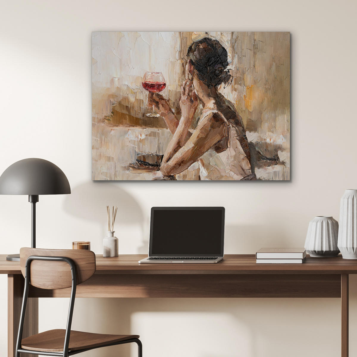 KOVOVÝ OBRAZ Olejomaľba - Žena - Víno 80x60 cm - svetlohnedá, kov (80/60cm) - MuchoWow