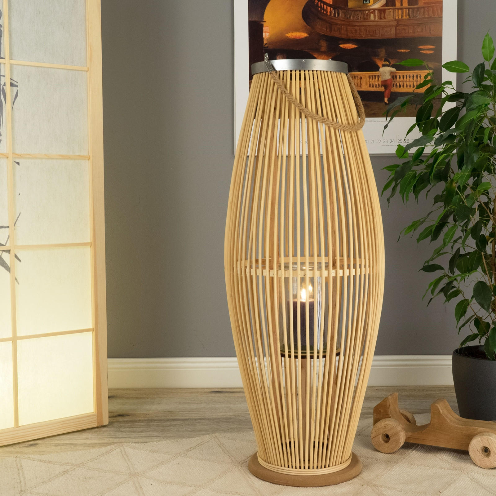 LATERNE Zya 90 Bambus, mit Henkel und Glaseinsatz naturfarben - Naturfarben, Holz (35/95/35cm) - CREEDWOOD
