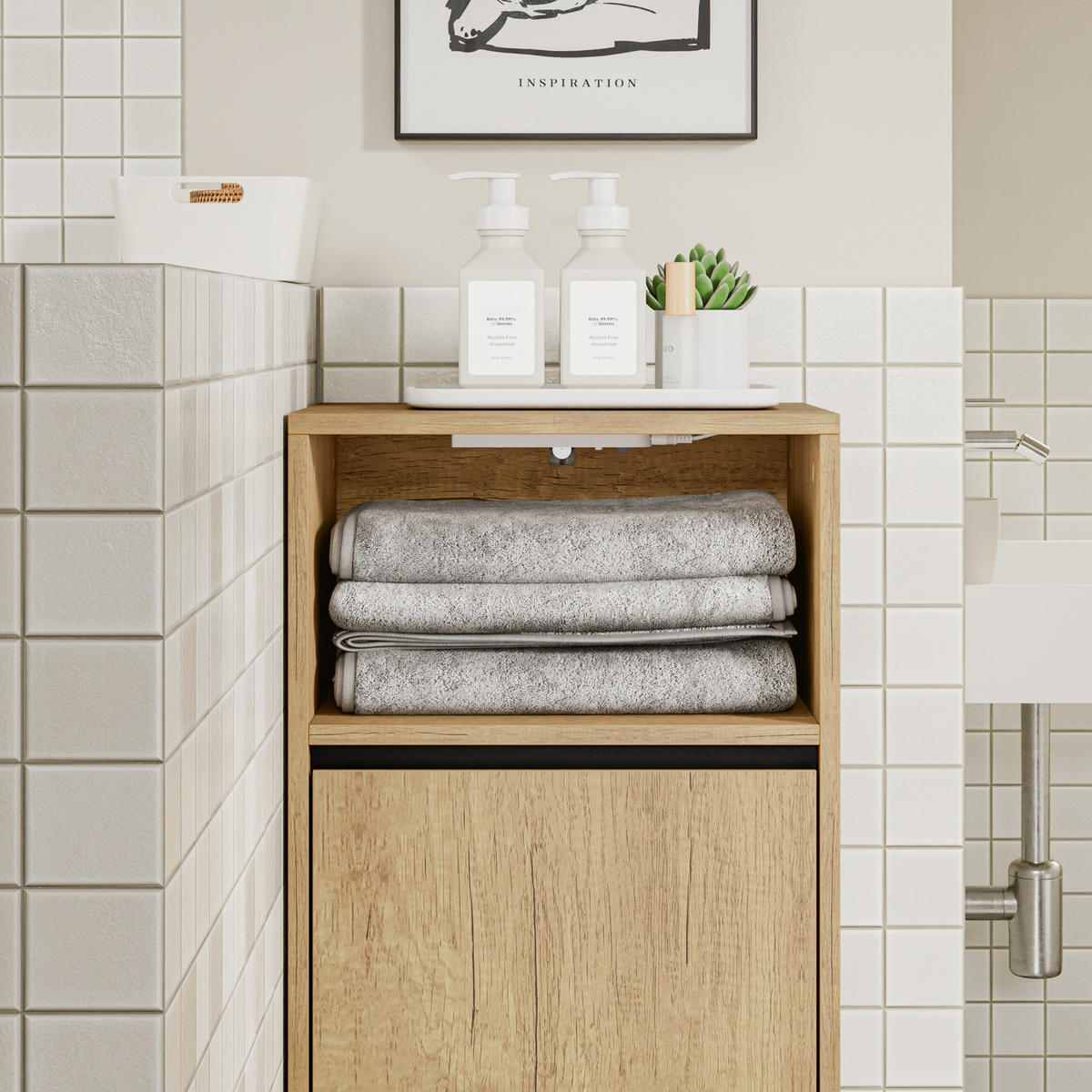 WÄSCHESCHRANK mit Klapptür und integriertem Wäschekorb BZR236-E-N - Hellbraun/Ahornfarben, Holzwerkstoff/Fell (30/90/40cm) - SoBuy